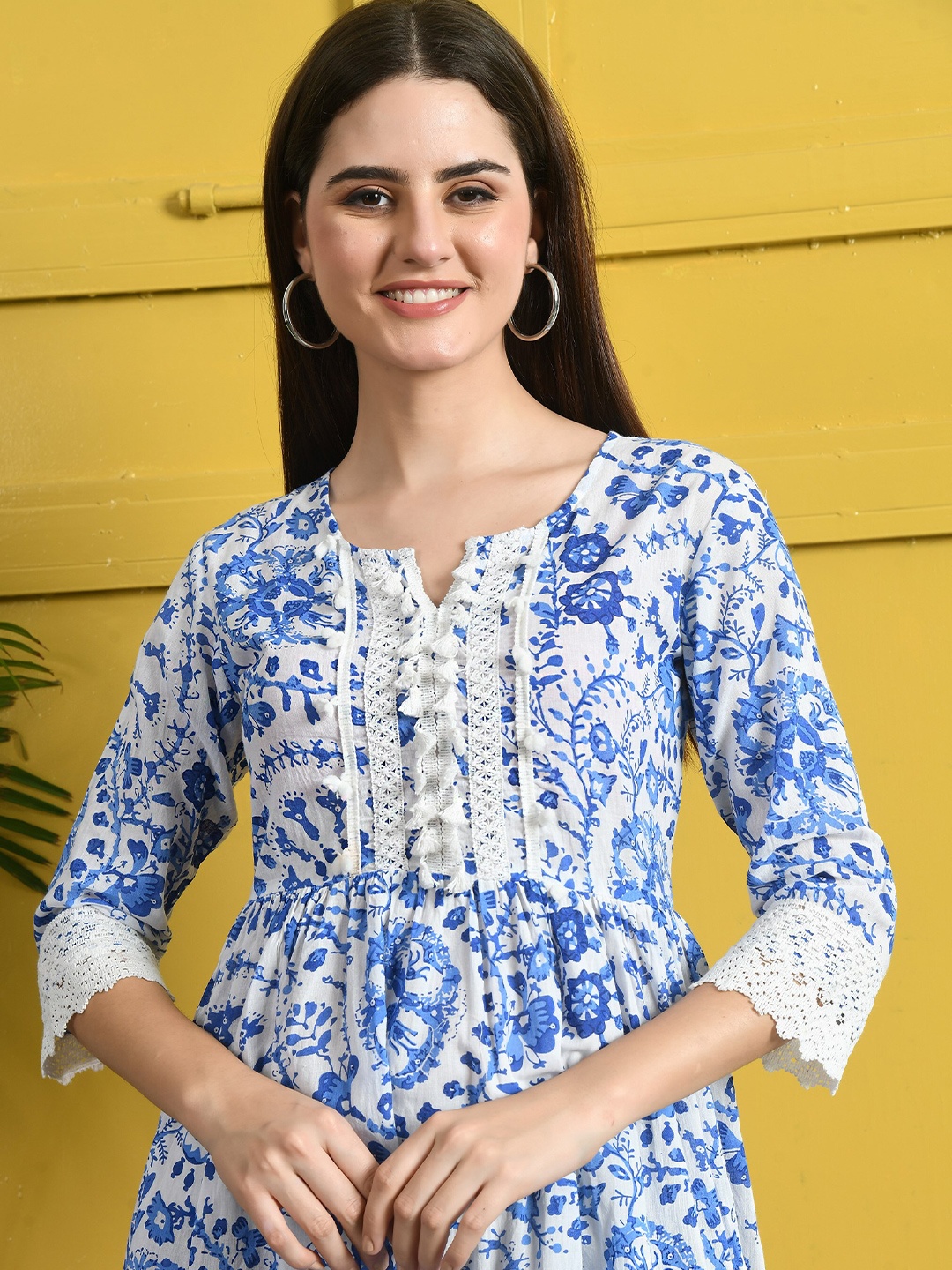 

CRENOL THREADS Ethnic Motifs Printed Notched Neck Cotton Fit & Flare Dress, Blue
