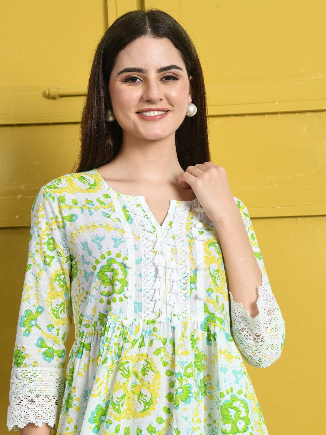 

CRENOL THREADS Floral Printed Notched Neck Cotton Empire Dress, Green