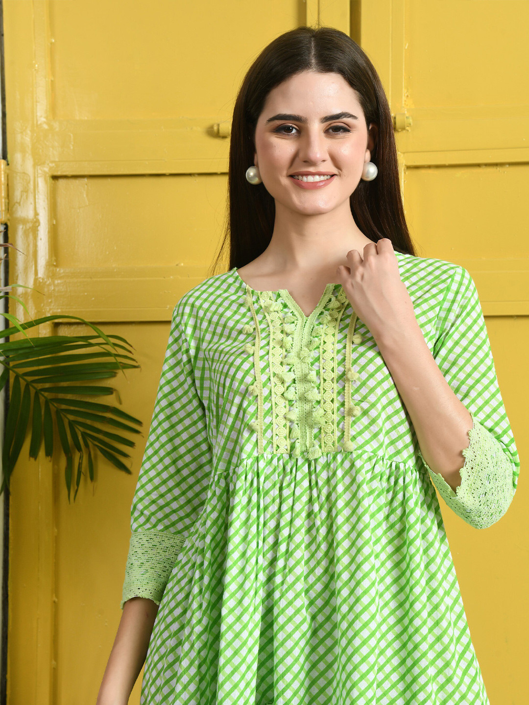 

CRENOL THREADS Geometric Printed Notched Neck Cotton Empire Dress, Green