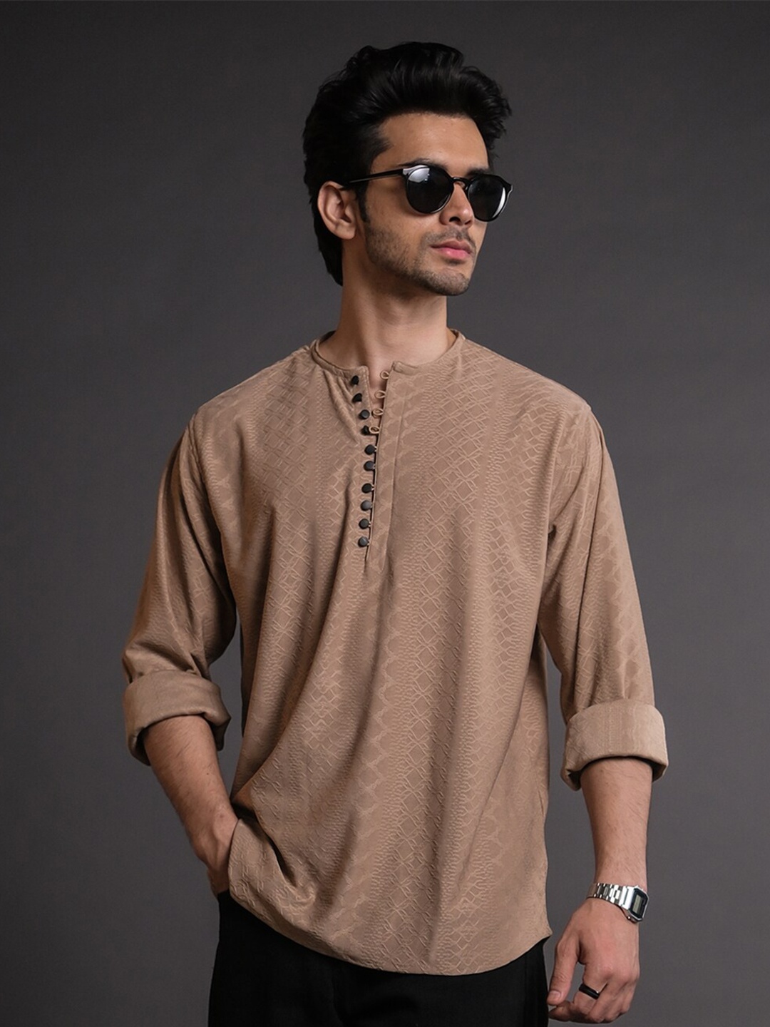 

Powerlook Brown Self Design Half Placket Casual Shirt, Camel brown