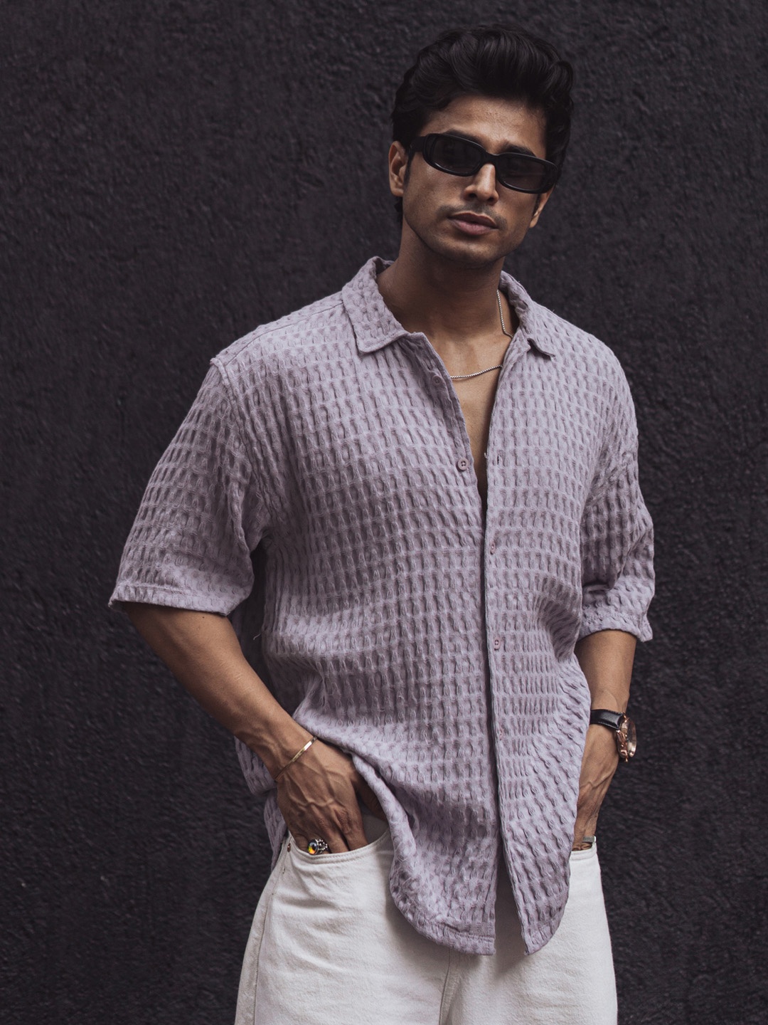 

Powerlook Men Opaque Checked Structured Oversized Half Sleeves Casual Shirt, Grey