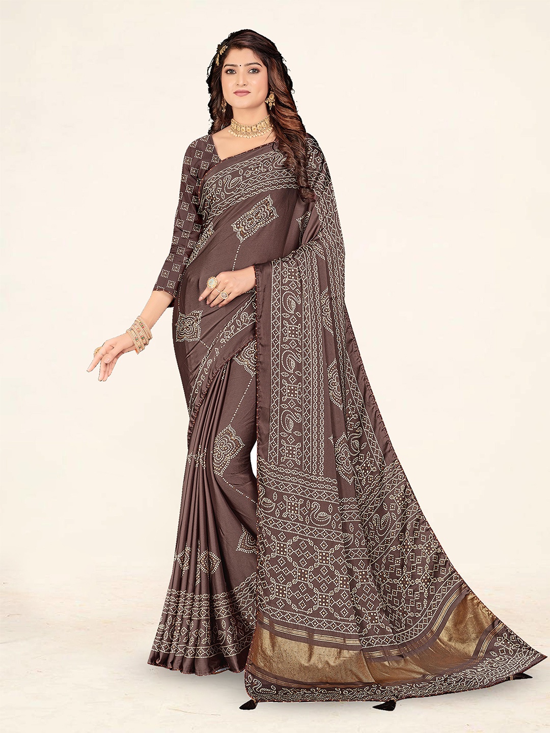 

TINA FASHION Bandhani Saree With Blouse Piece, Brown