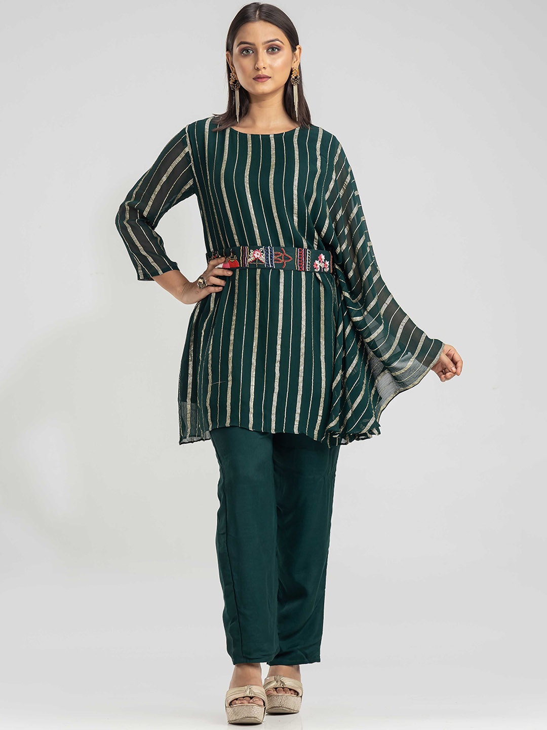 

SACRED SUTA Striped Kaftan Top & Trouser With Belt, Green