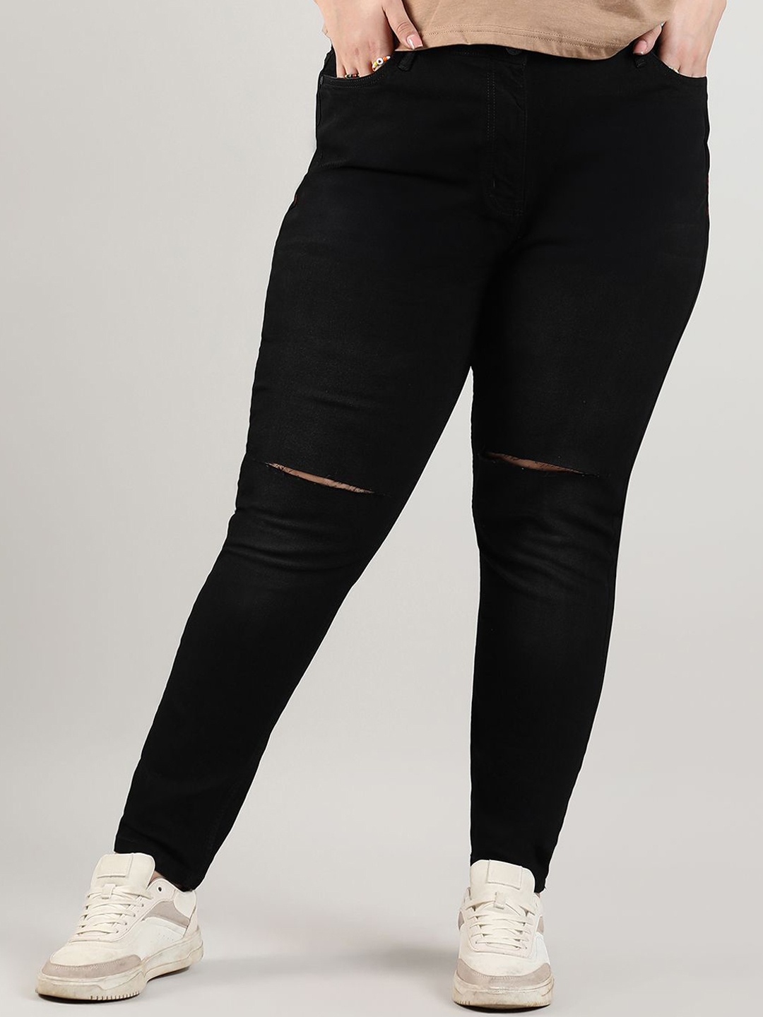 

Instafab Plus Women Comfort Slash Knee Cotton Jeans, Black