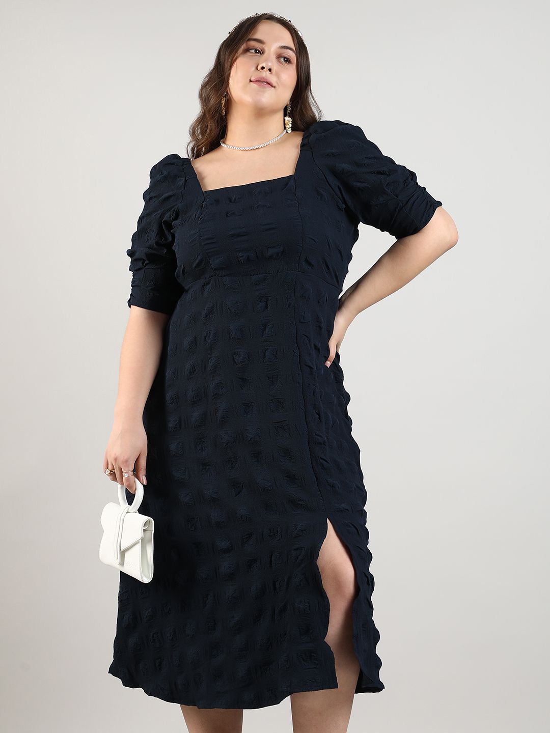 

Instafab Plus Plus Size Puff Sleeve Fit & Flare Midi Dress, Navy blue