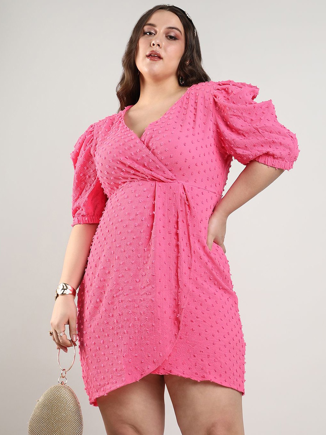 

Instafab Plus Women Puff Sleeve V-Neck Wrap Dress, Pink