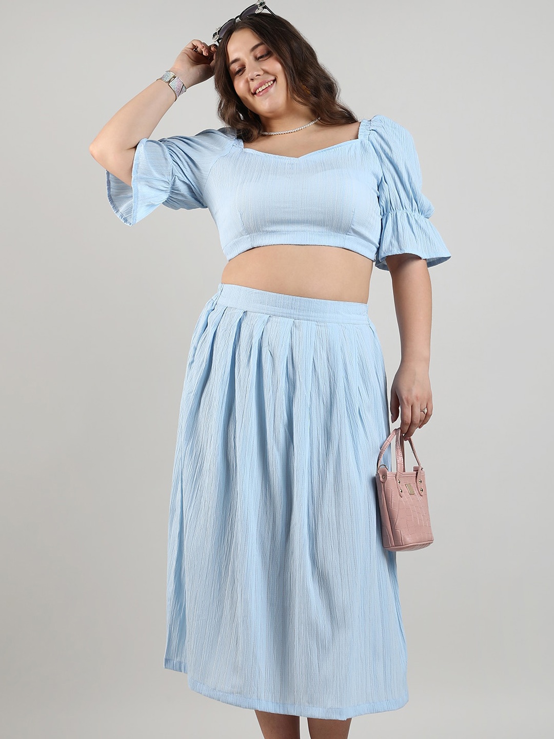 

Instafab Plus Size Sweetheart Neck Top With Midi Flared Pleated Skirt Co-Ords, Blue