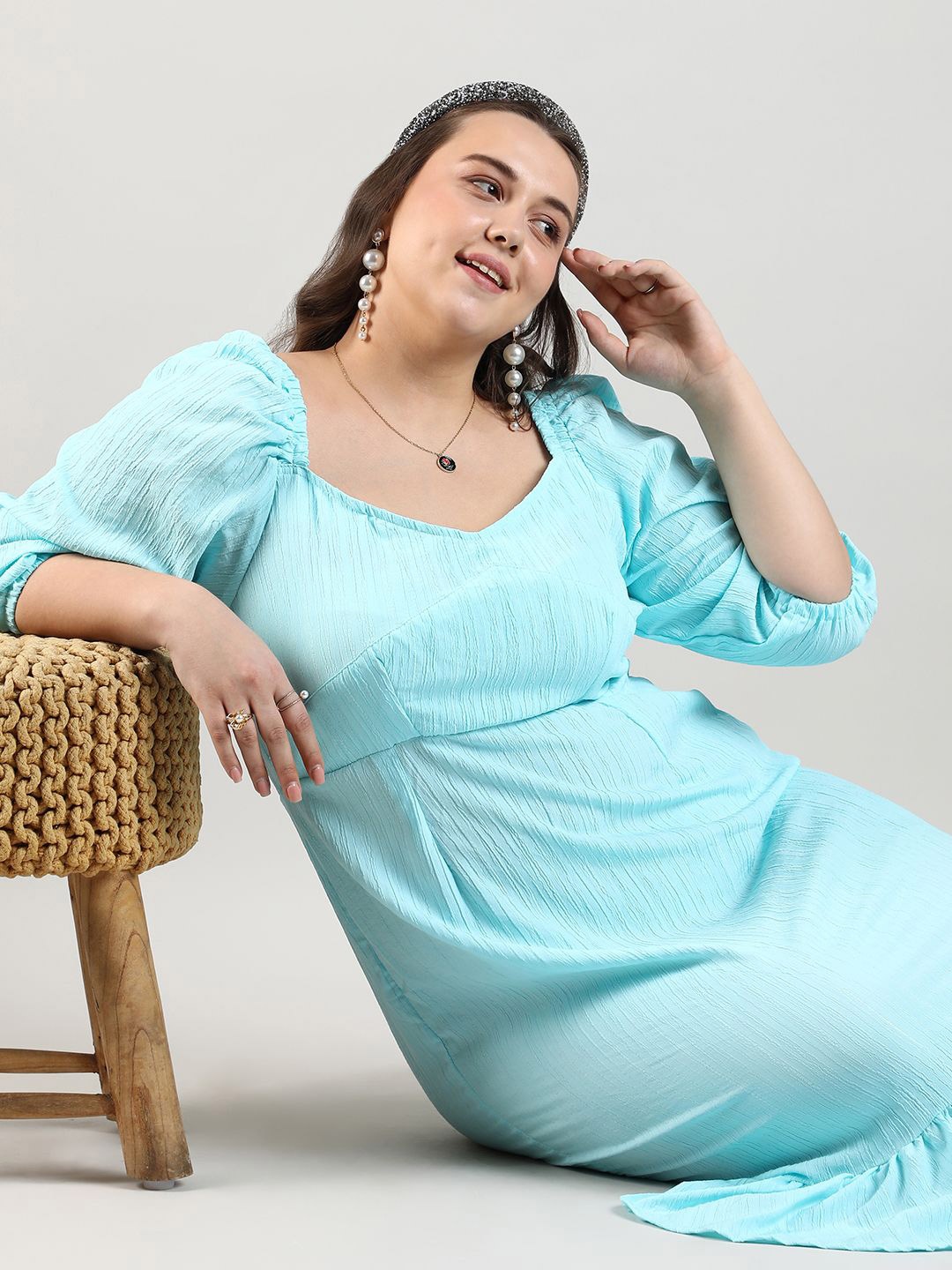 

Instafab Plus Women Puff Sleeve Empire Midi Dress, Blue
