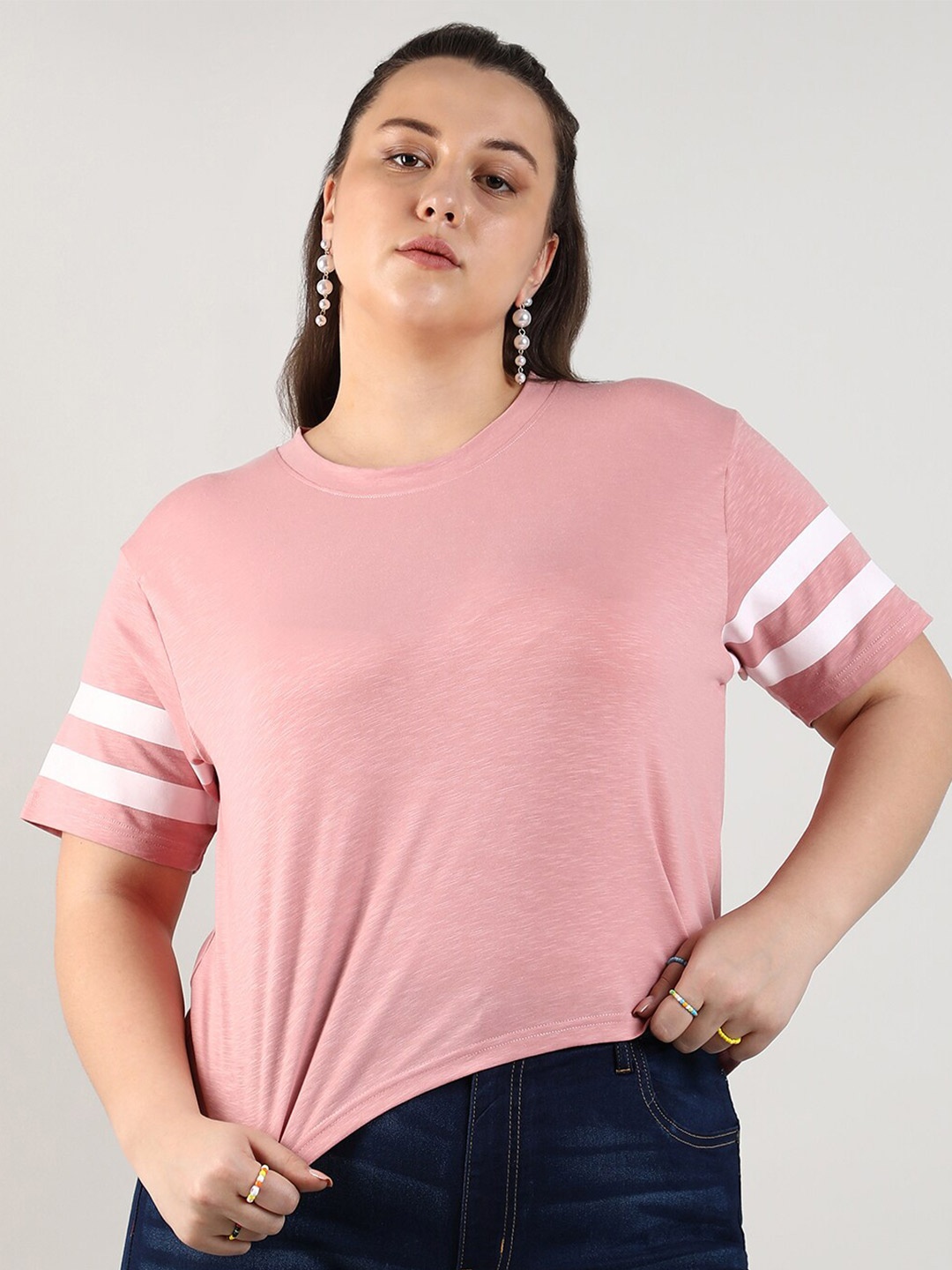 

Instafab Plus Women Solid Short Sleeves Boxy Top, Pink