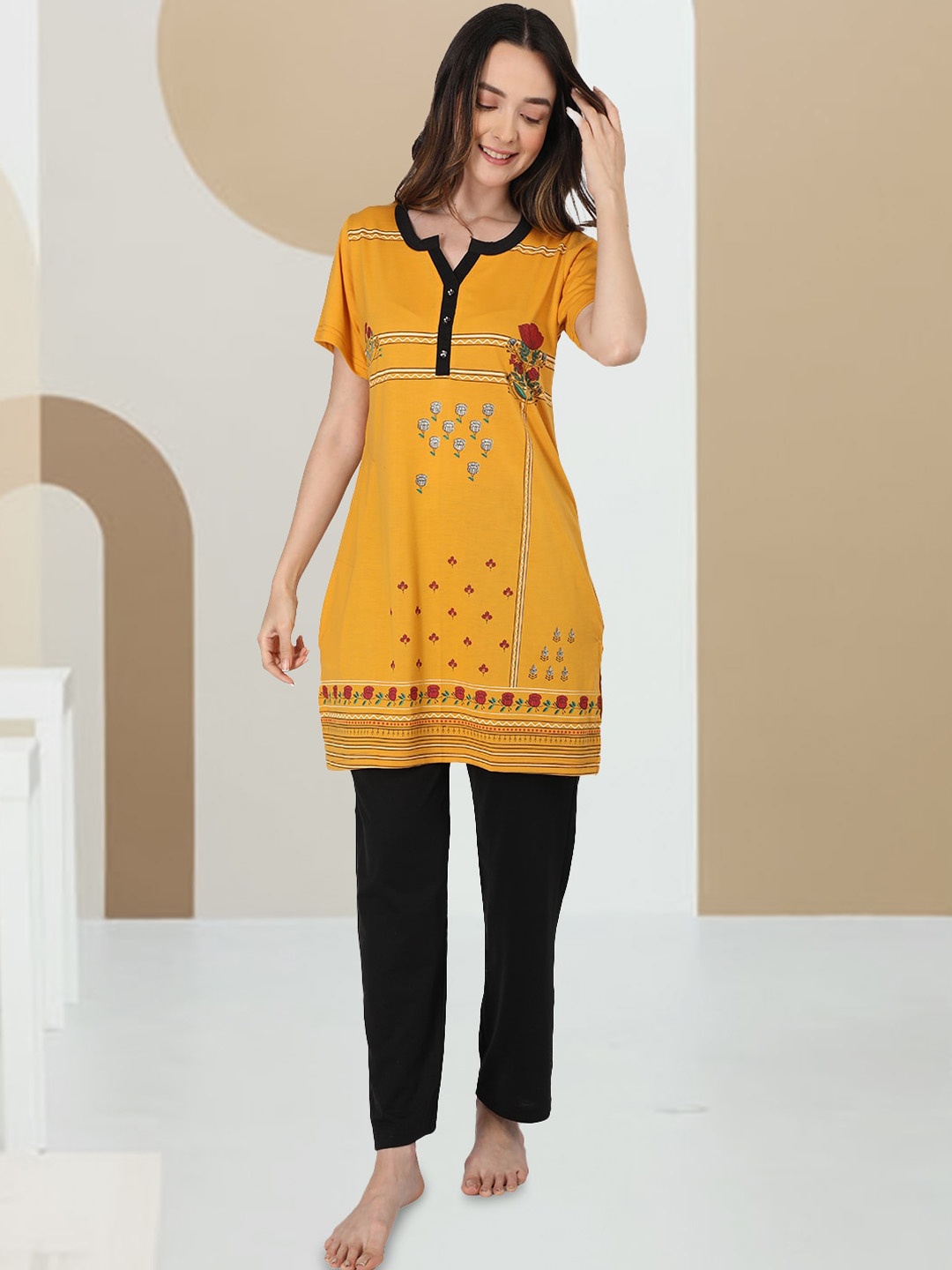 

Duchess Women Printed Night suit, Mustard