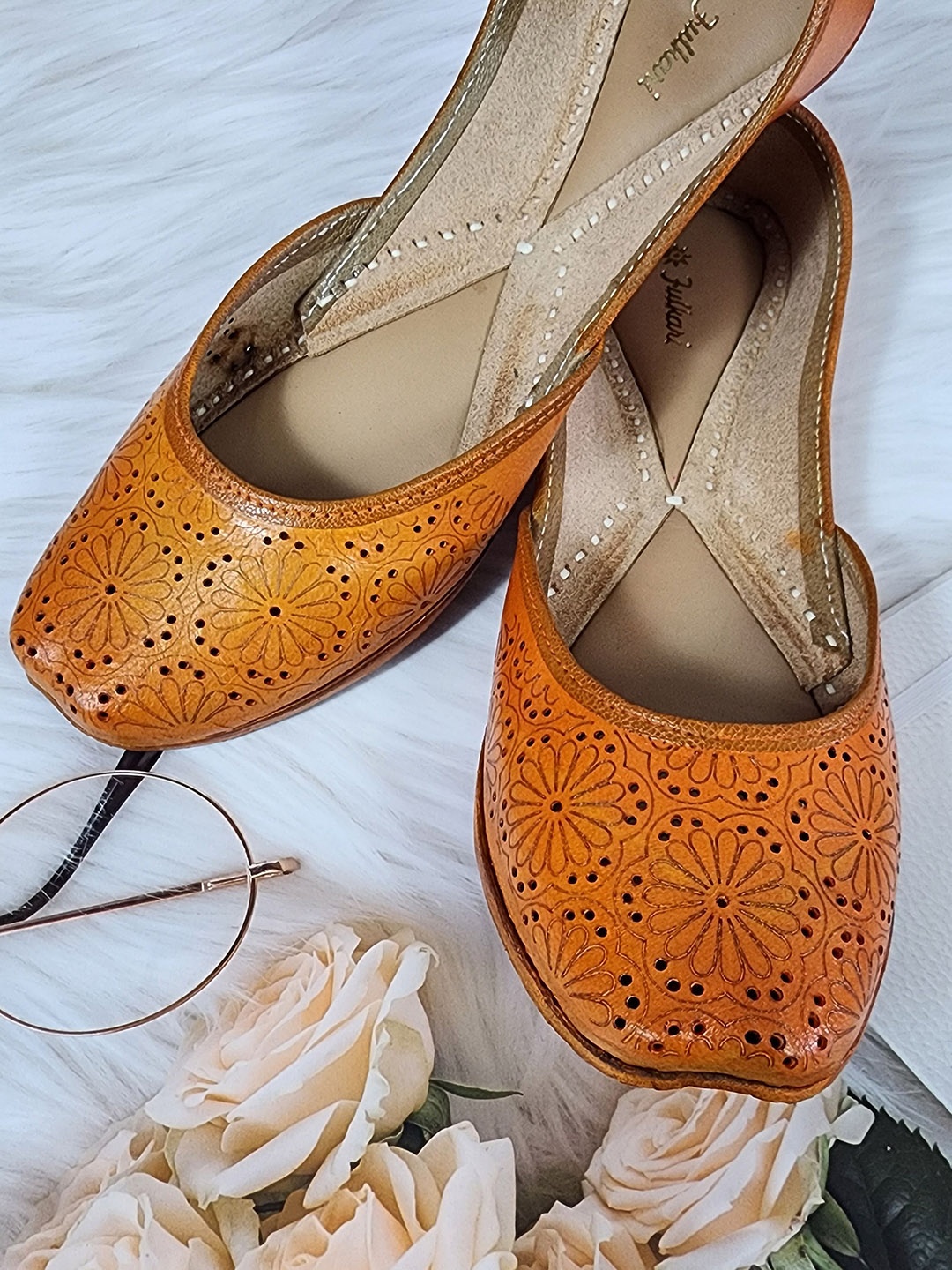 

Fulkari Textured Laser Cuts Round Toe Leather Mojaris, Orange