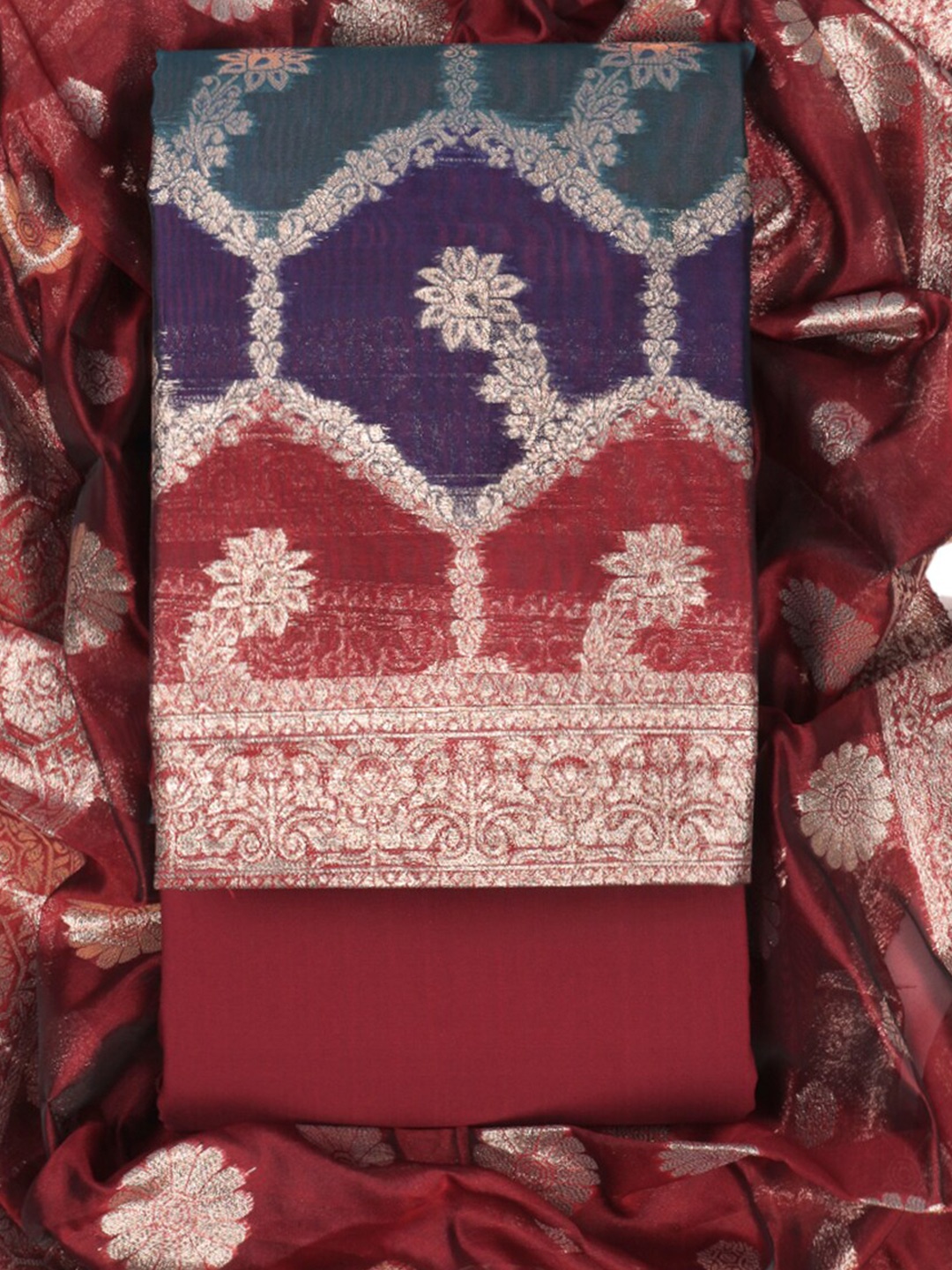 

Sun Fashion And Lifestyle Floral Woven Design Zari Organza Unstitched Dress Material, Maroon
