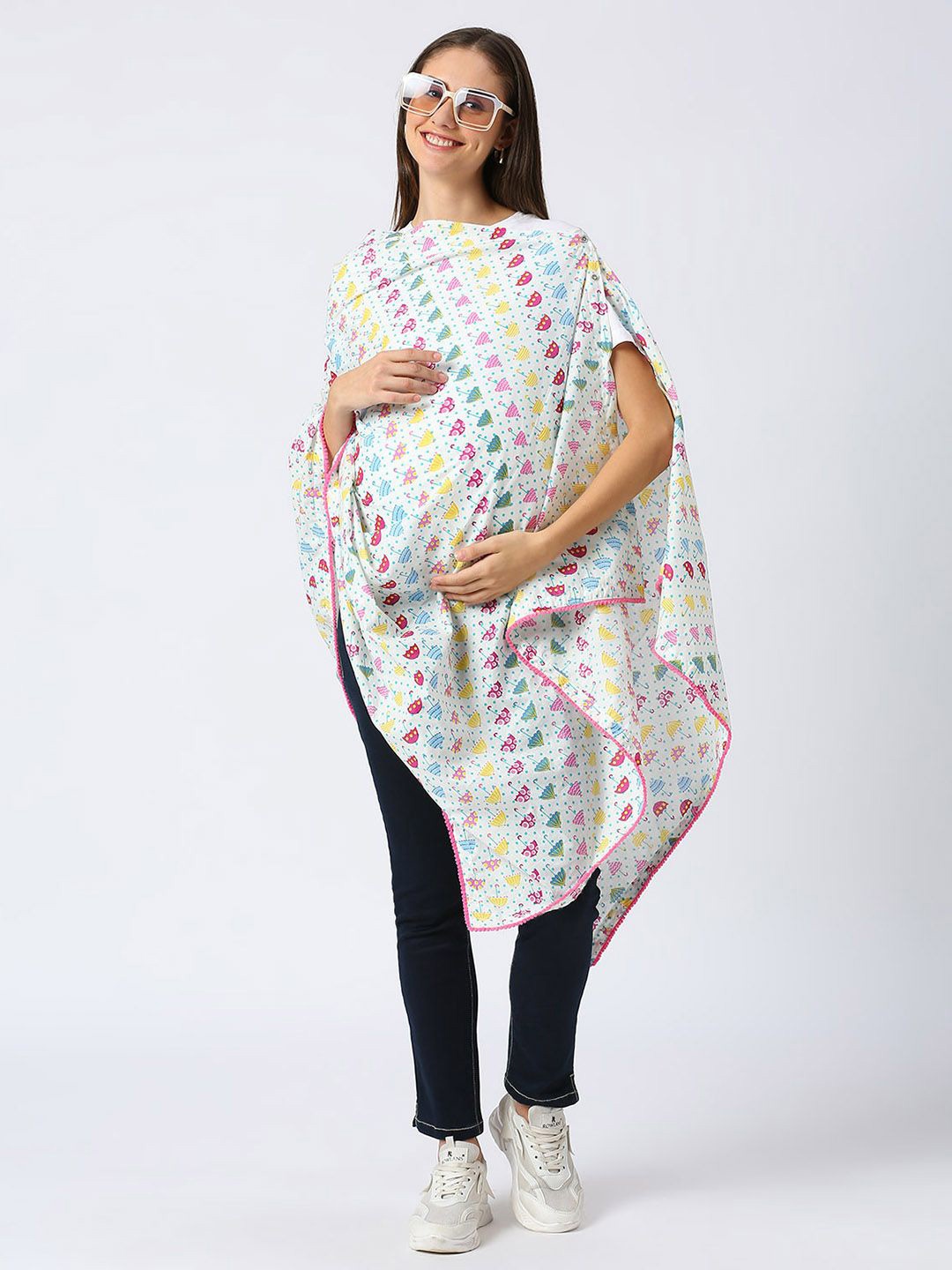 

Mom For Sure by Ketki Dalal Printed Pure Cotton Maternity Waterfall Shrug, White
