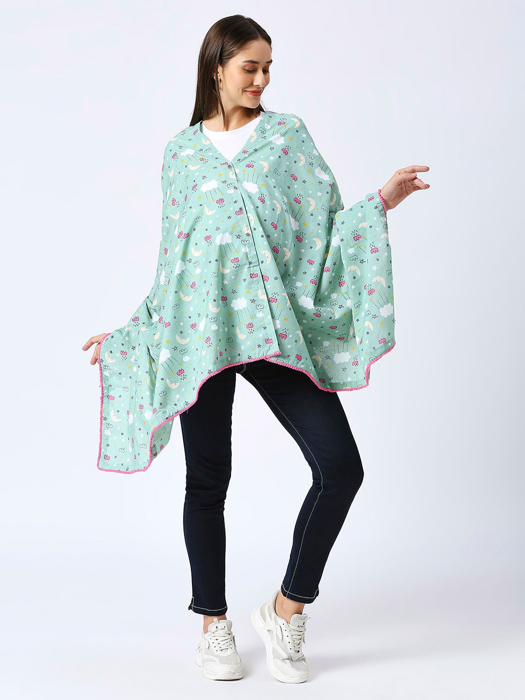 

Mom For Sure by Ketki Dalal Printed V-Neck Pure Cotton Maternity Shrug, Sea green