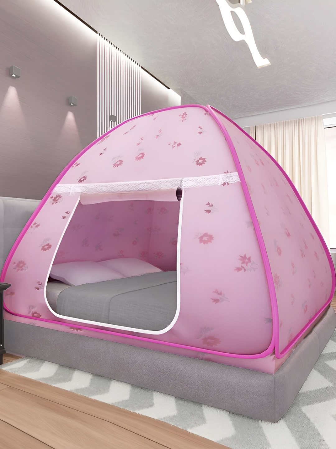 

Aura Pink Printed King Mosquito Net