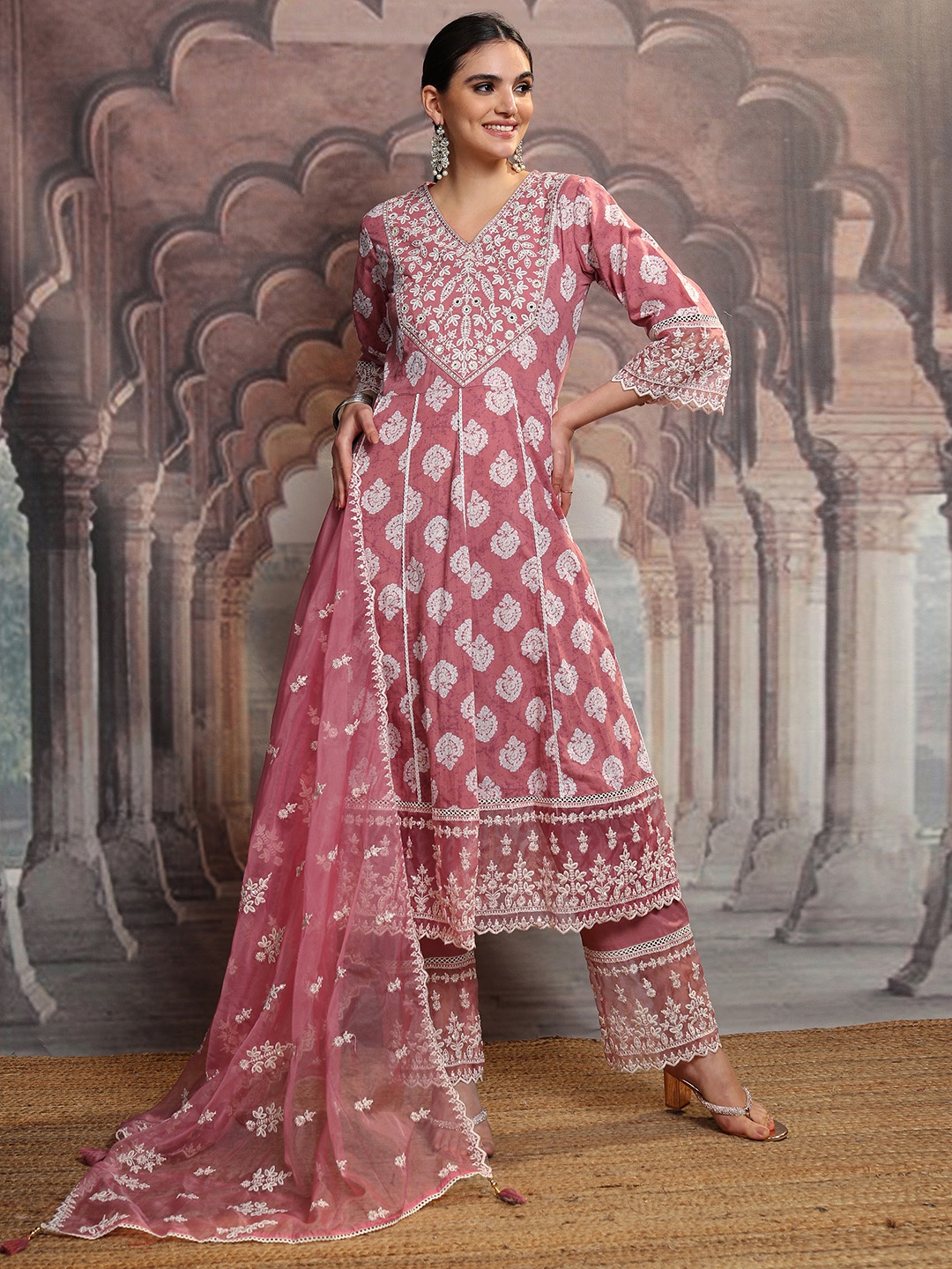 

Vishudh Ethnic Motifs Regular Thread Work Pure Cotton Kurta with Trouser & Dupatta, Rose