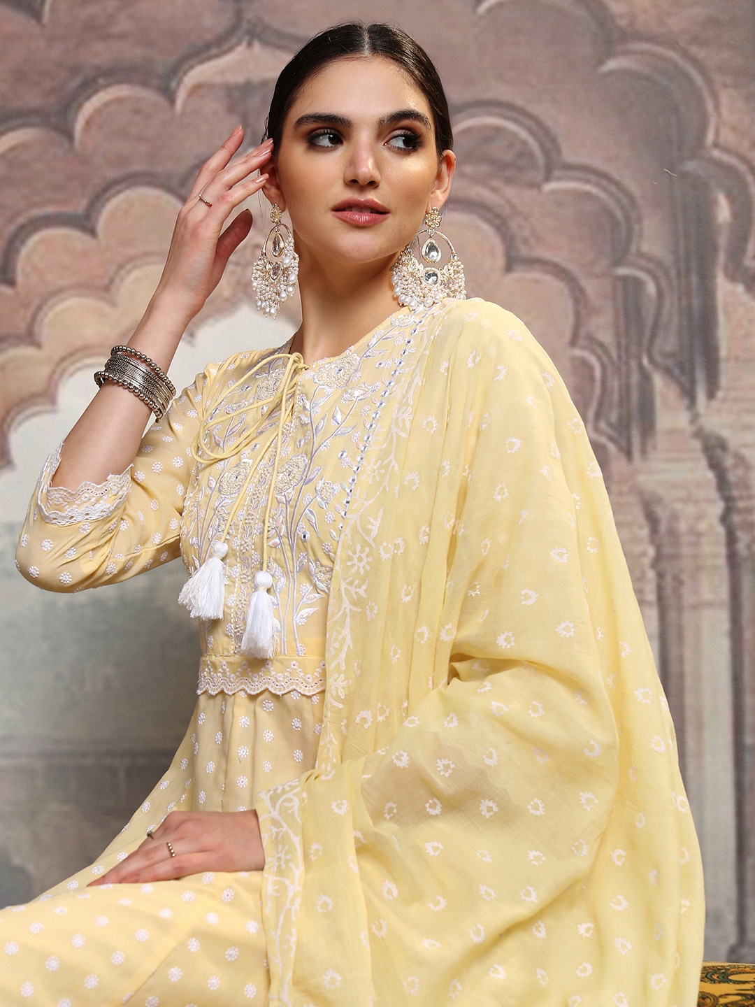 

Vishudh Ethnic Motifs Regular Thread Work Pure Cotton Kurta with Trouser & Dupatta, Yellow