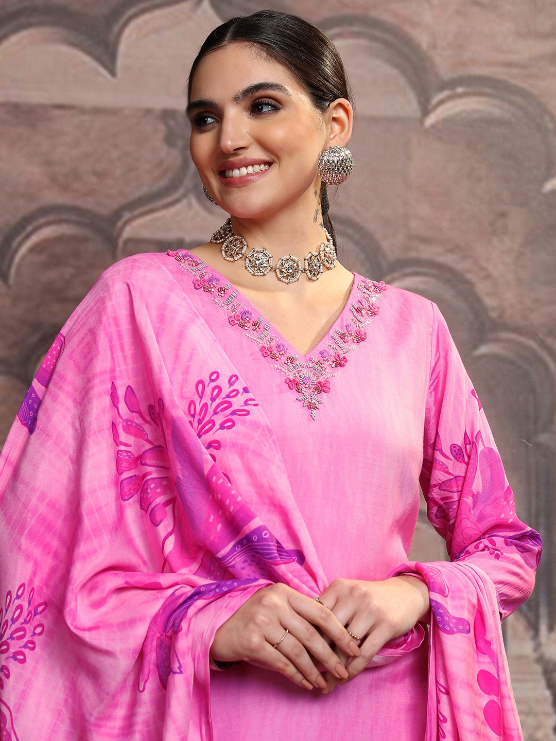 

Vishudh Pink Floral Yoke Design Thread Work Straight Kurta With Trousers & Dupatta