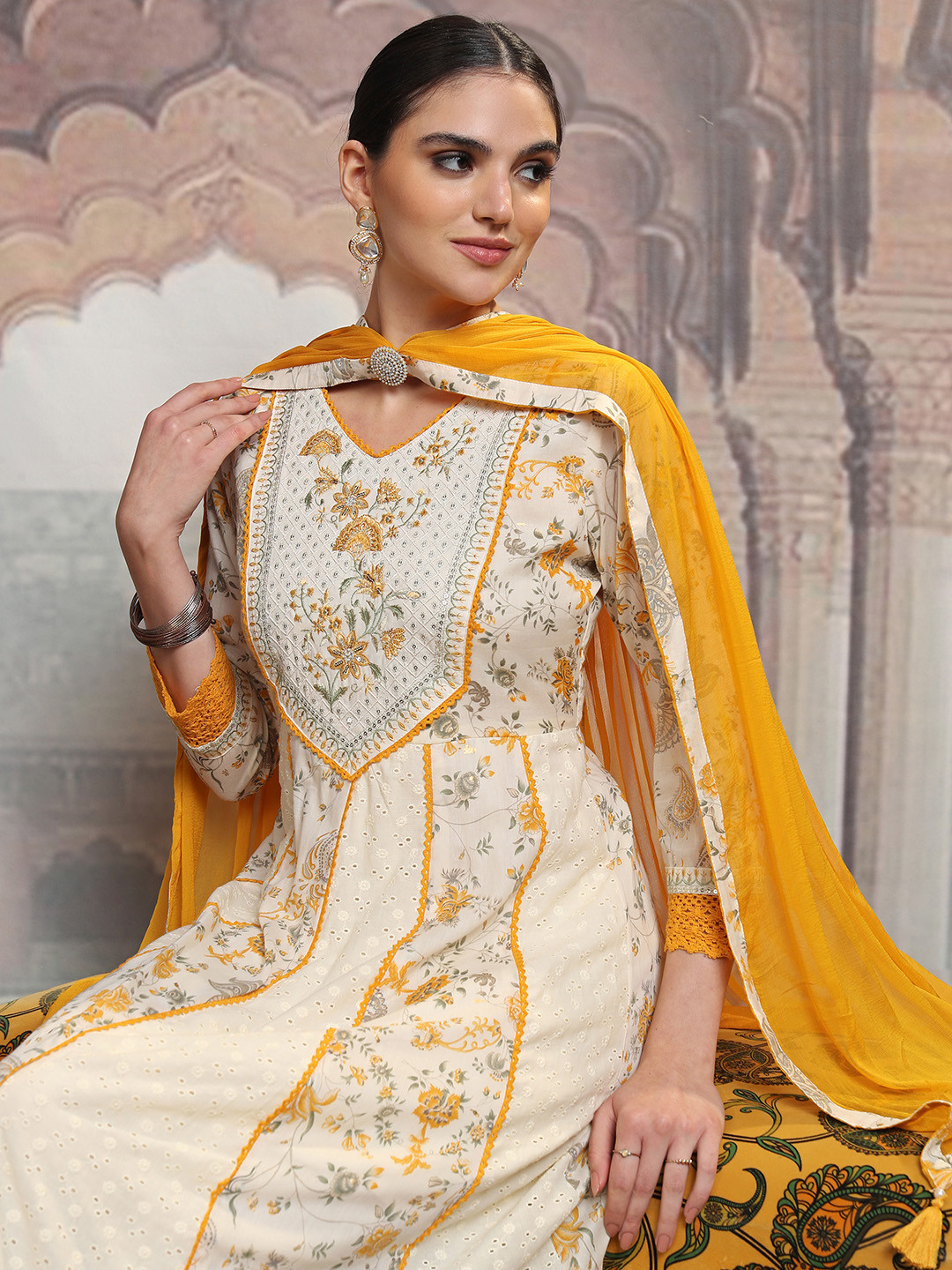 

Vishudh Cream Embroidered Thread Work Pure Cotton Anarkali Kurta With Trousers & Dupatta
