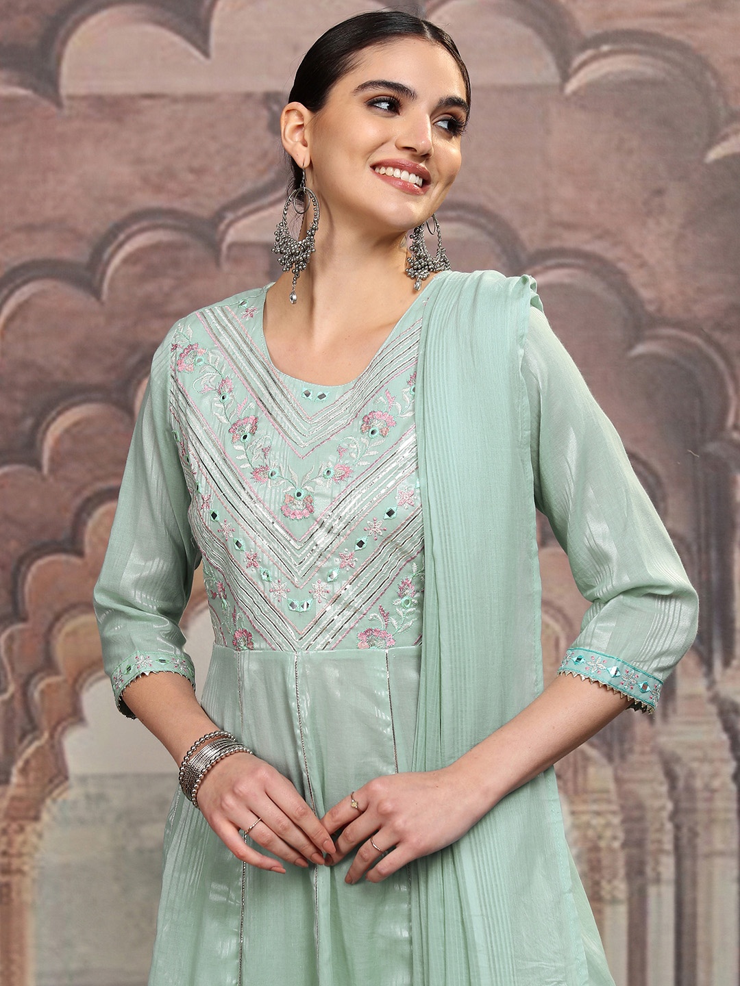 

Vishudh Floral Embroidered Regular Pure Cotton Kurta with Trouser & Dupatta, Green