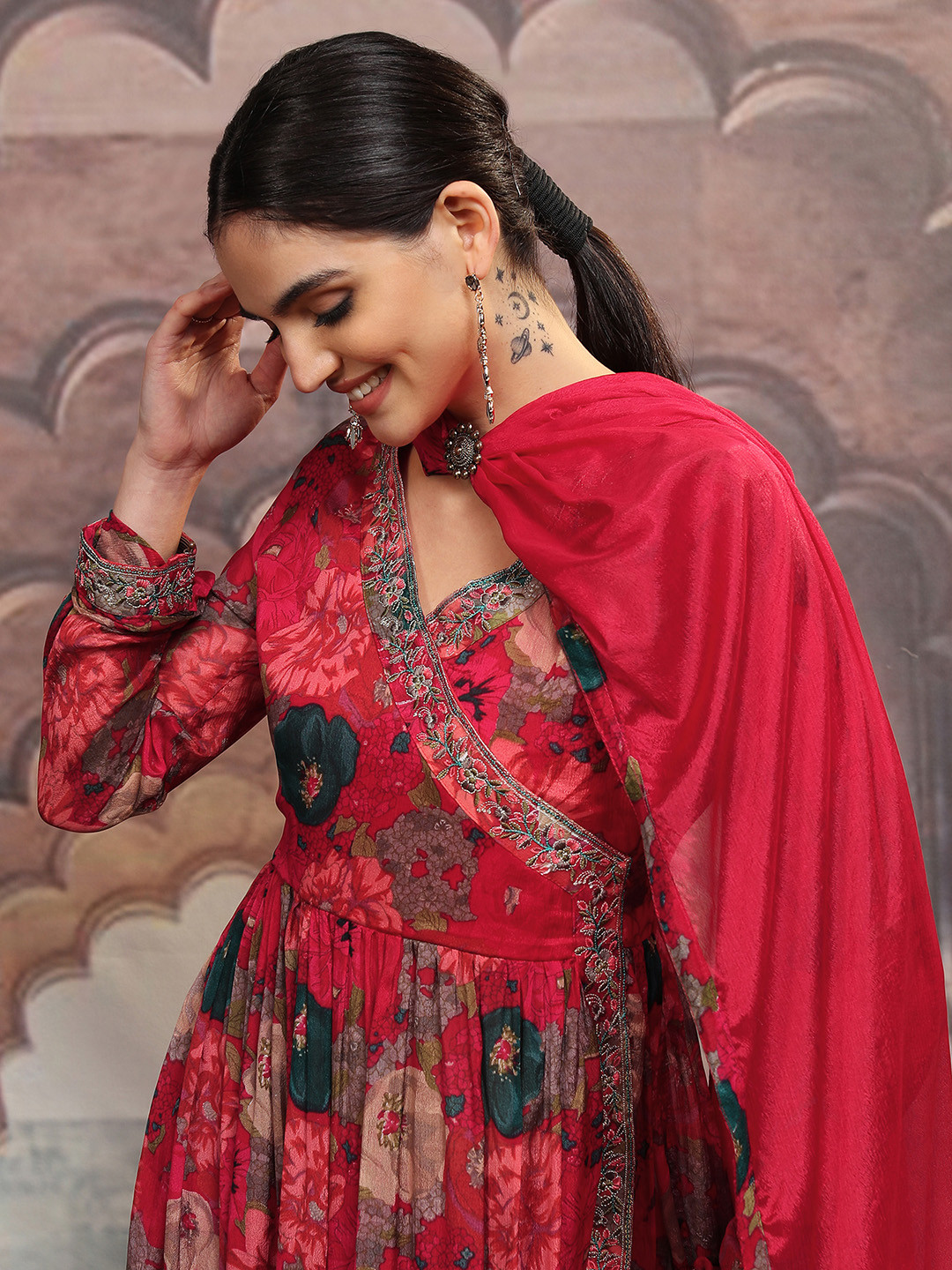

Vishudh Red Floral Printed V-Neck Long Sleeves Angrakha Kurta With Trousers & Dupatta
