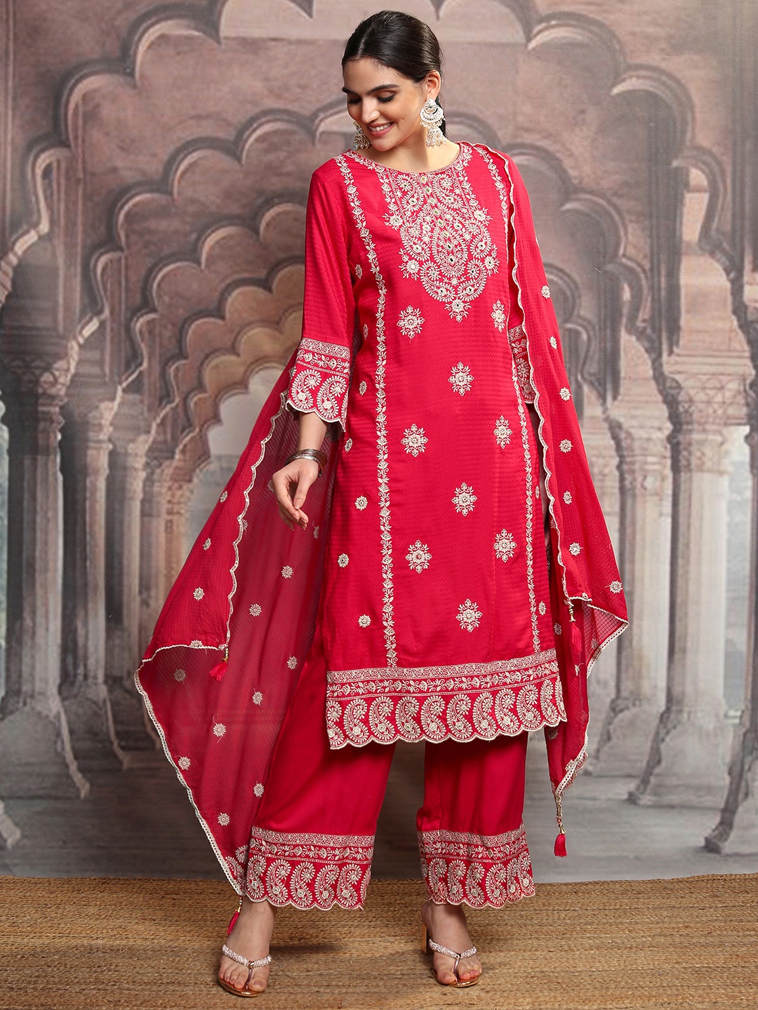 

Vishudh Ethnic Motifs Embroidered Regular Thread Work Kurta with Trouser & Dupatta, Rose