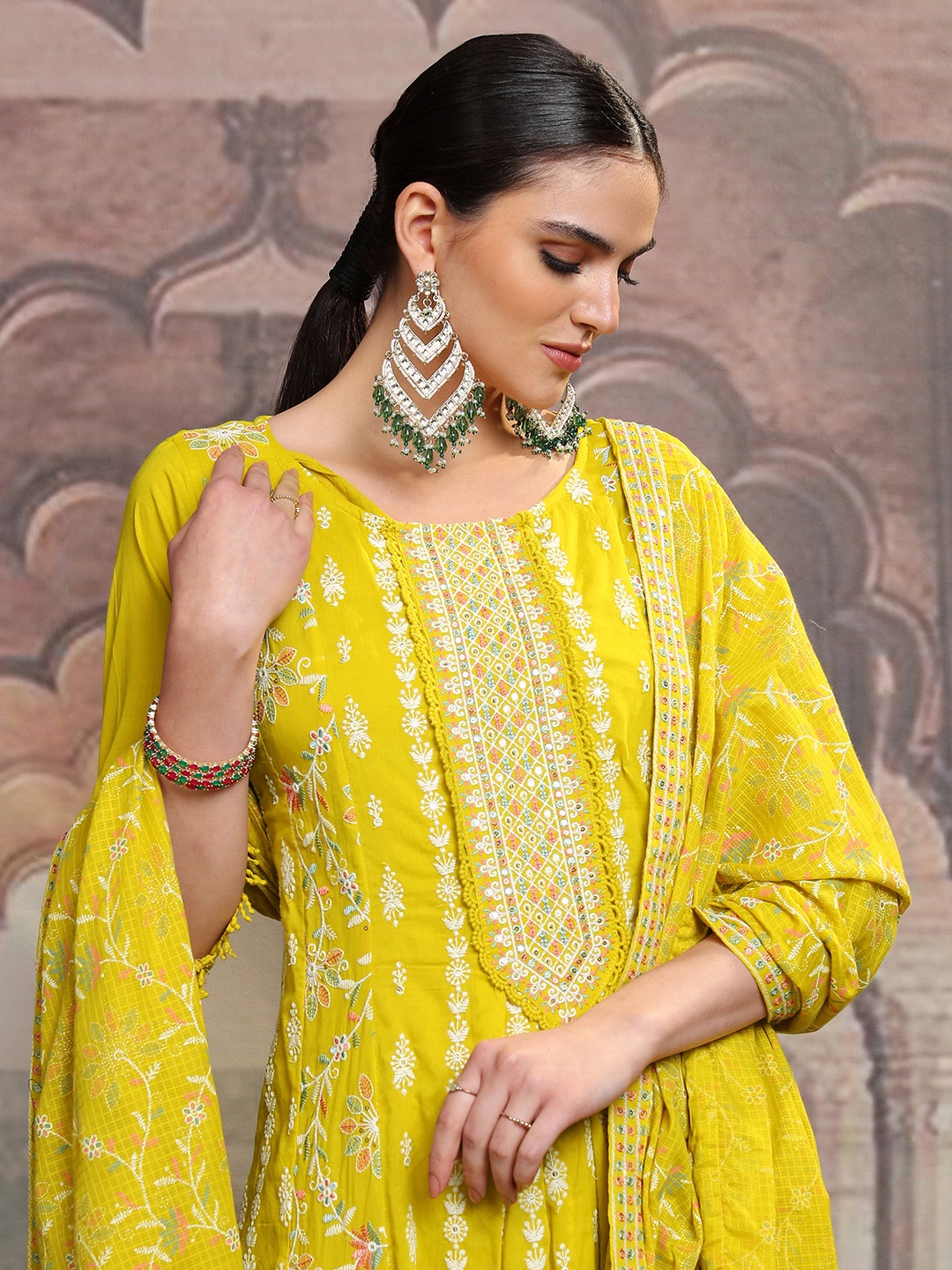 

Vishudh Embroidered Regular Thread Work Pure Cotton Anarkali Kurta With Trouser & Dupatta, Mustard