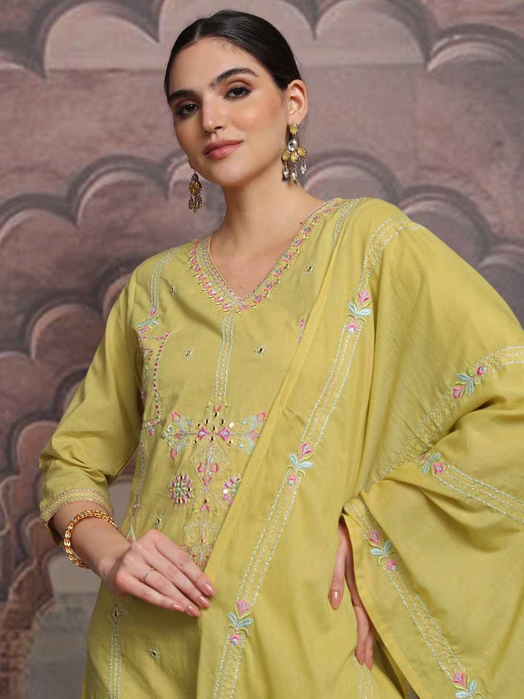 

Vishudh Yellow Motifs Embroidered Thread Work Pure Cotton Kurta With Trousers & Dupatta