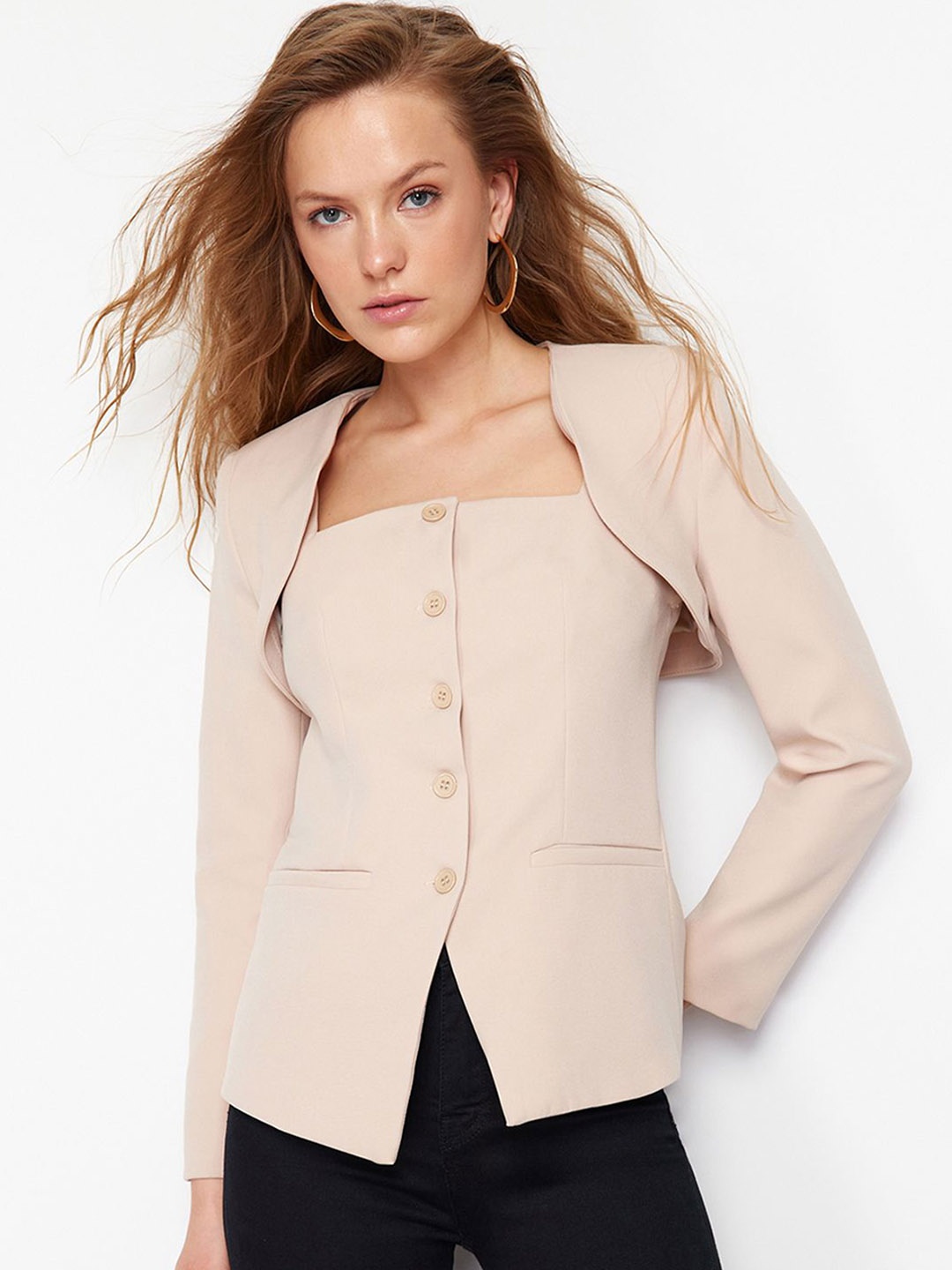 

Trendyol Women Solid Front Open Crop Blazer, Beige