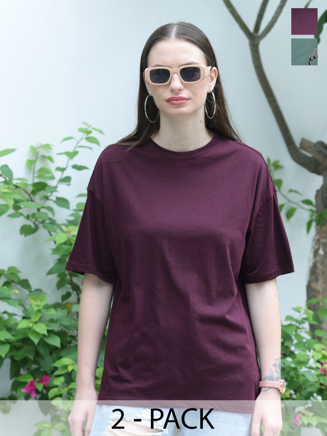 

TITTLI Pack of 2 Round Neck Drop Shoulder Sleeves Cotton Oversized T-shirts, Maroon