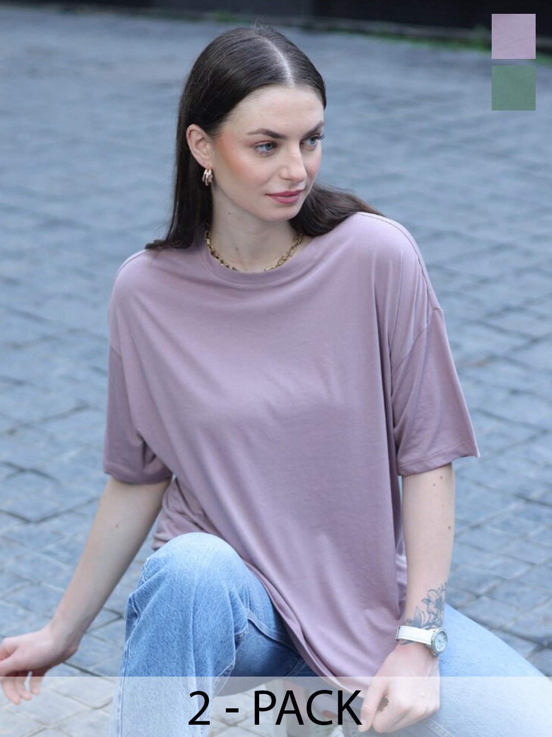 

TITTLI Women Pack Of 2 Round Neck Boxy T-shirt, Purple