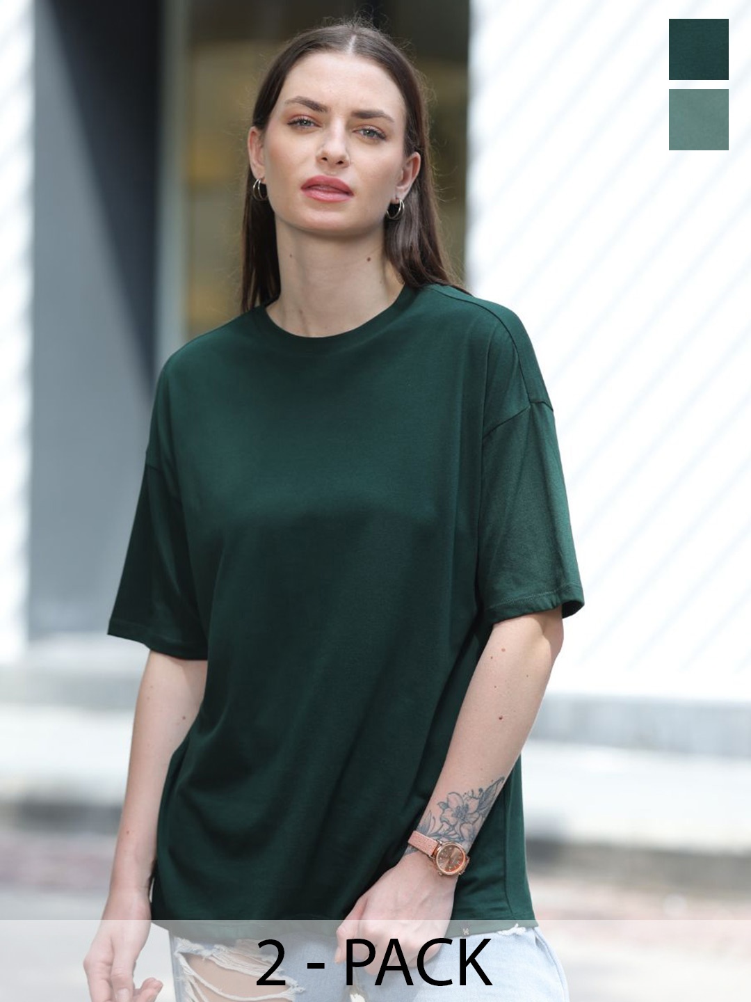 

TITTLI Women Pack Of 2 Round Neck Boxy T-shirt, Green