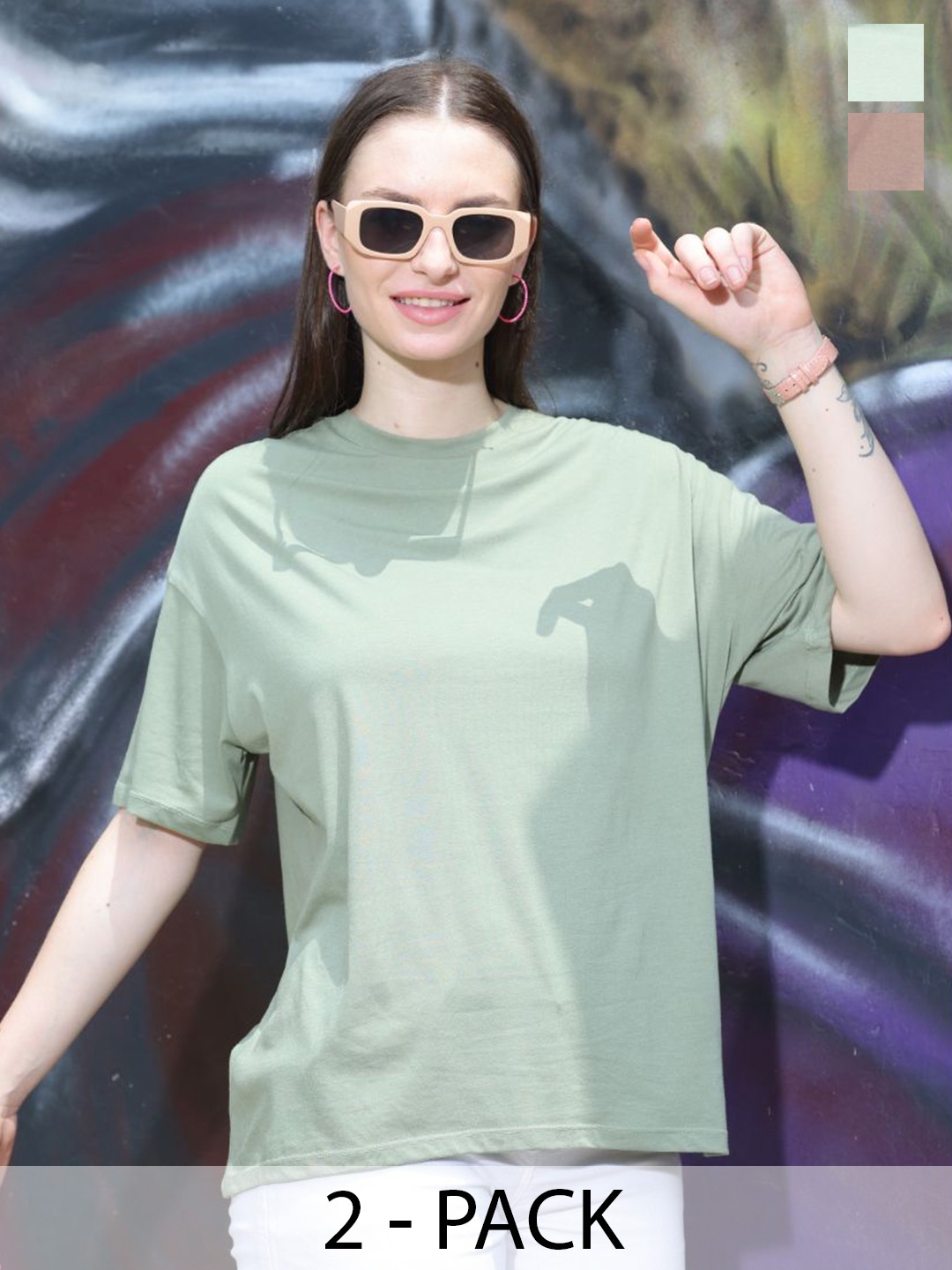 

TITTLI Women Pack of 2 Round Neck Boxy T-shirt, Olive