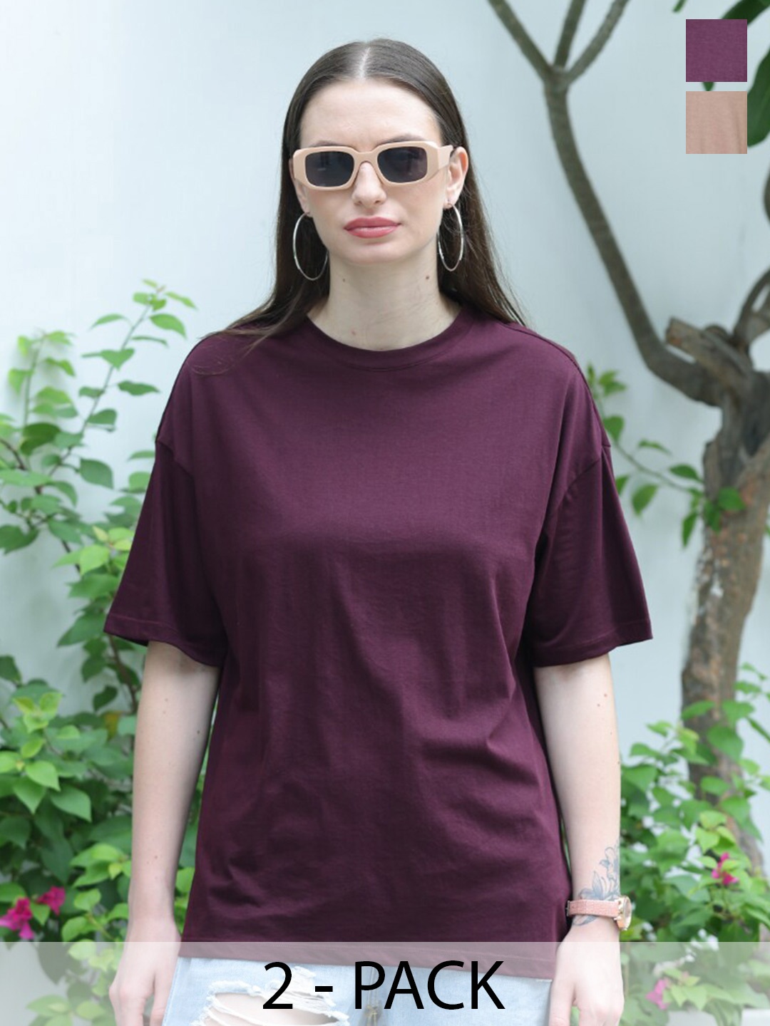 

TITTLI Women Pack of 2 Round Neck Boxy T-shirt, Maroon