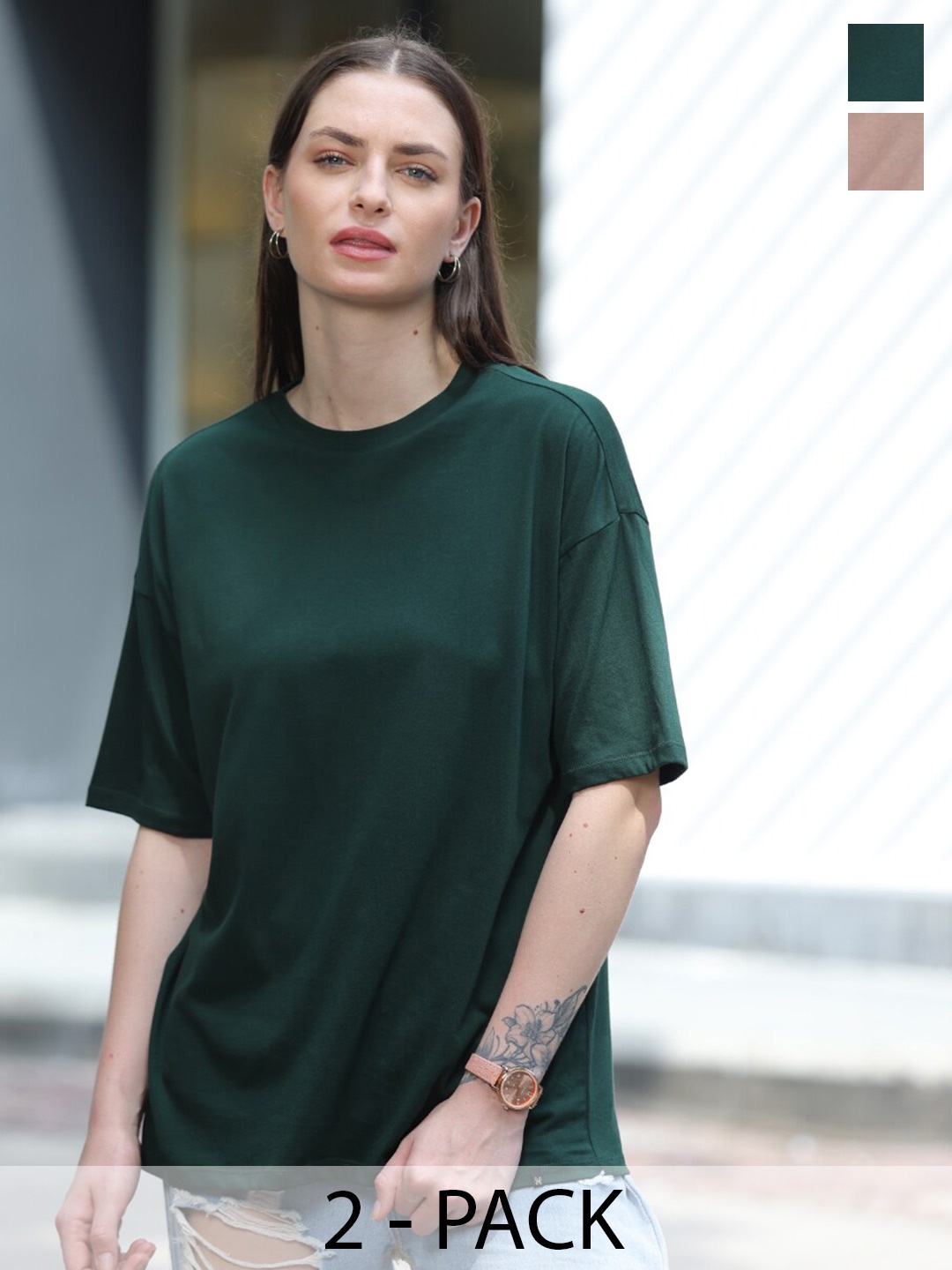 

TITTLI Women Pack Of 2 Round Neck Applique Boxy T-shirt, Green