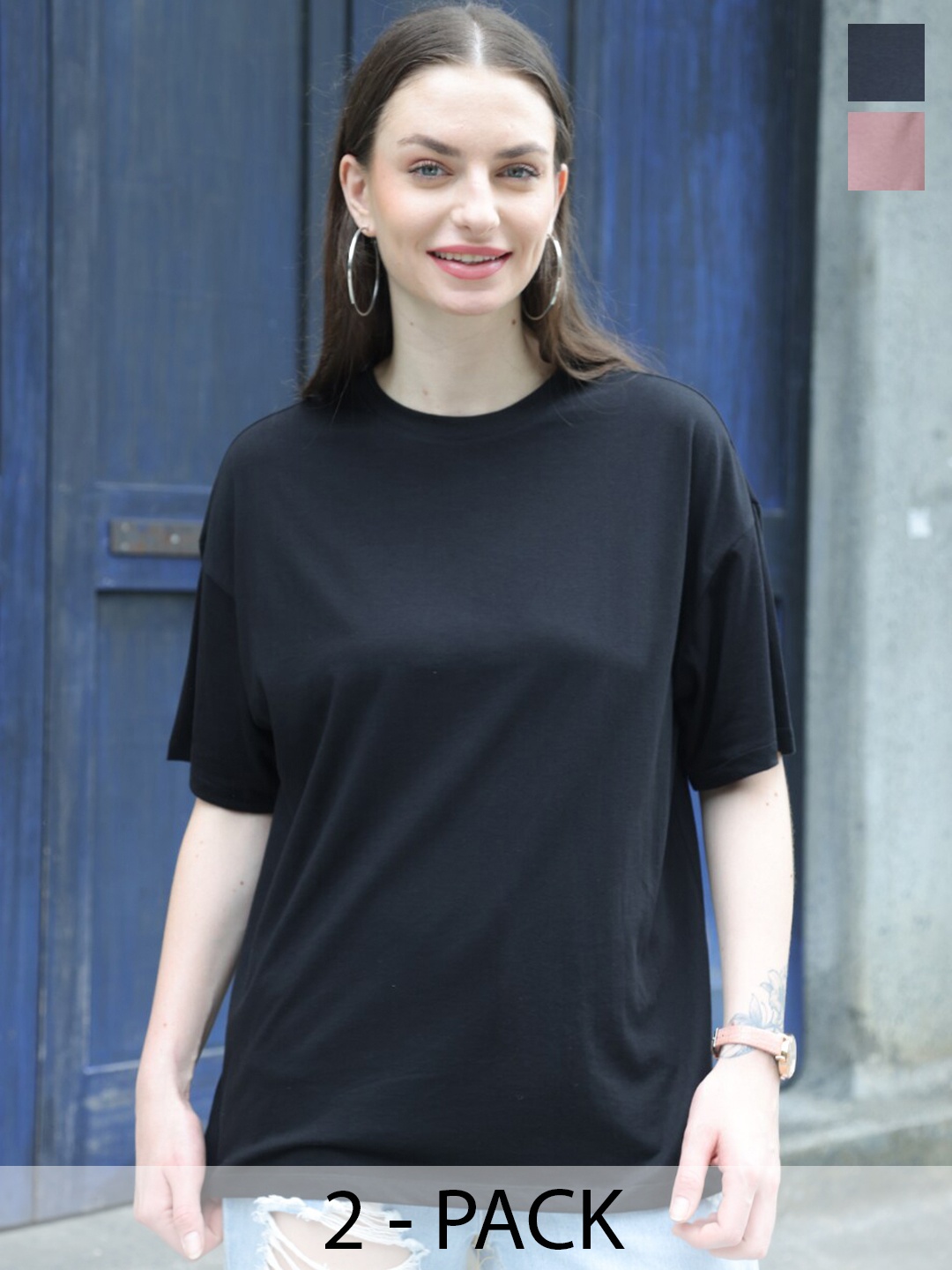 

TITTLI Pack of 2 Round Neck Drop Shoulder Sleeves Cotton Oversized T-shirts, Black