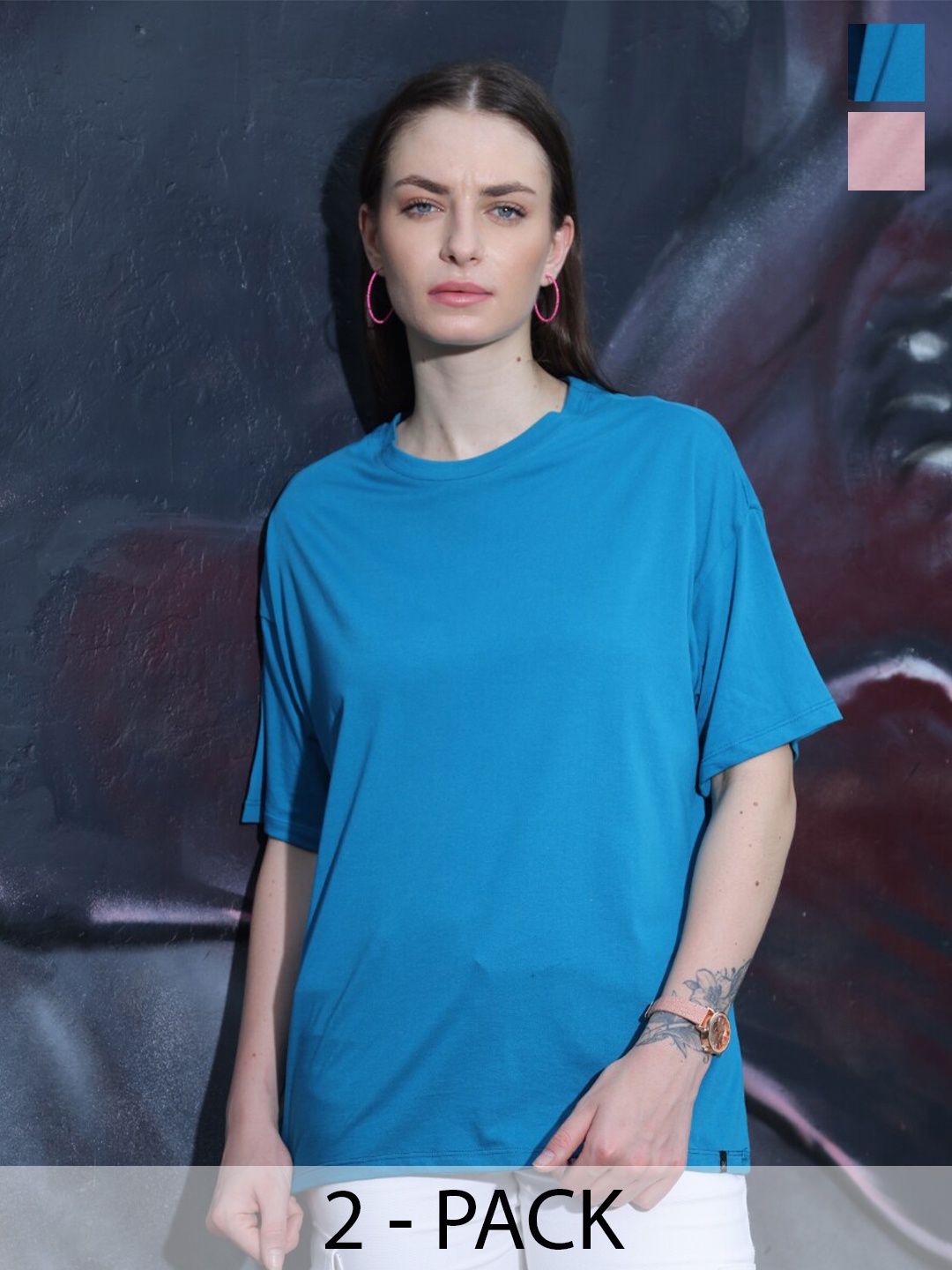 

TITTLI Women Pack of 2 Round Neck Boxy T-shirt, Blue