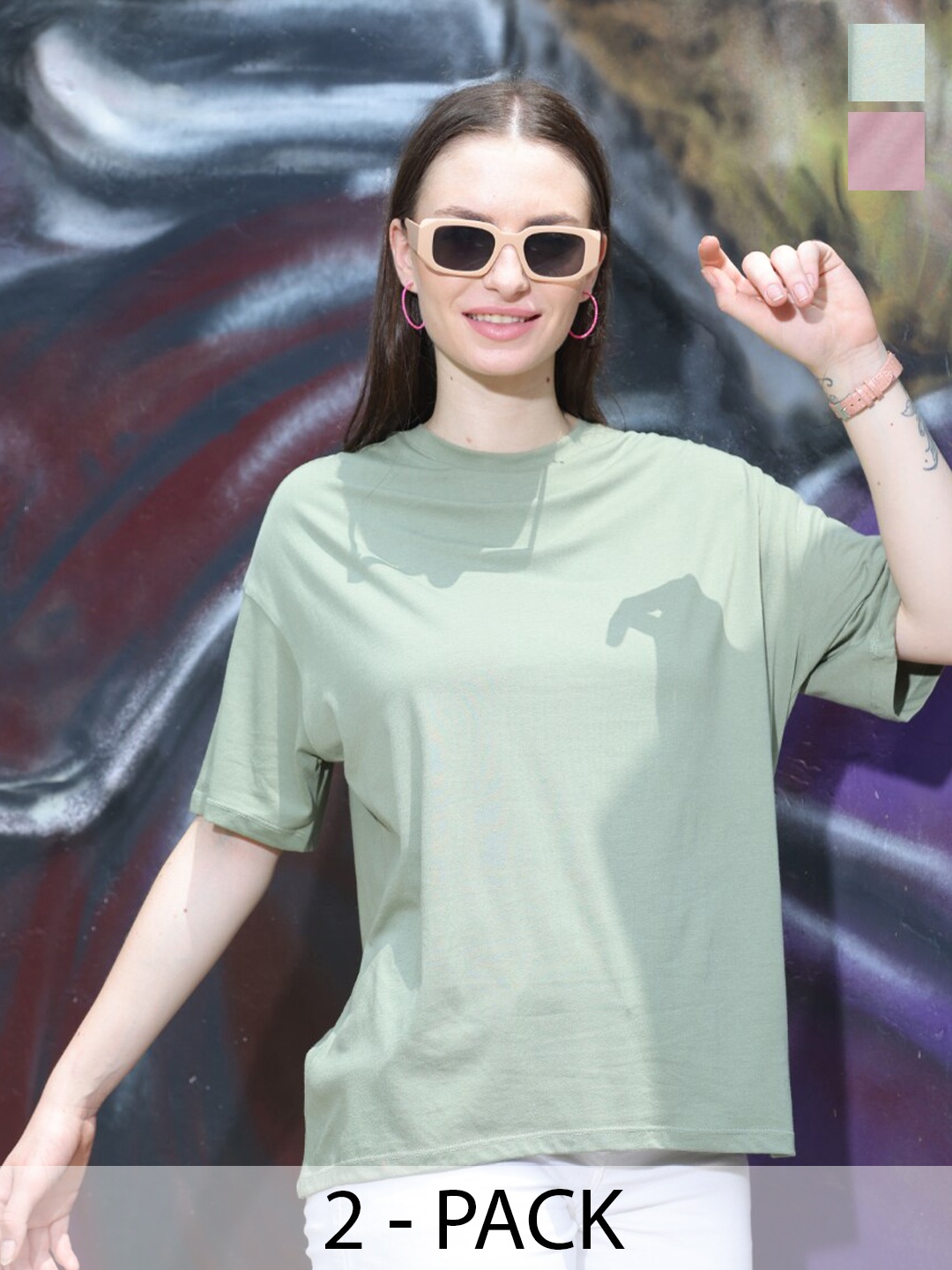 

TITTLI Women Pack of 2 Round Neck Boxy T-shirt, Olive