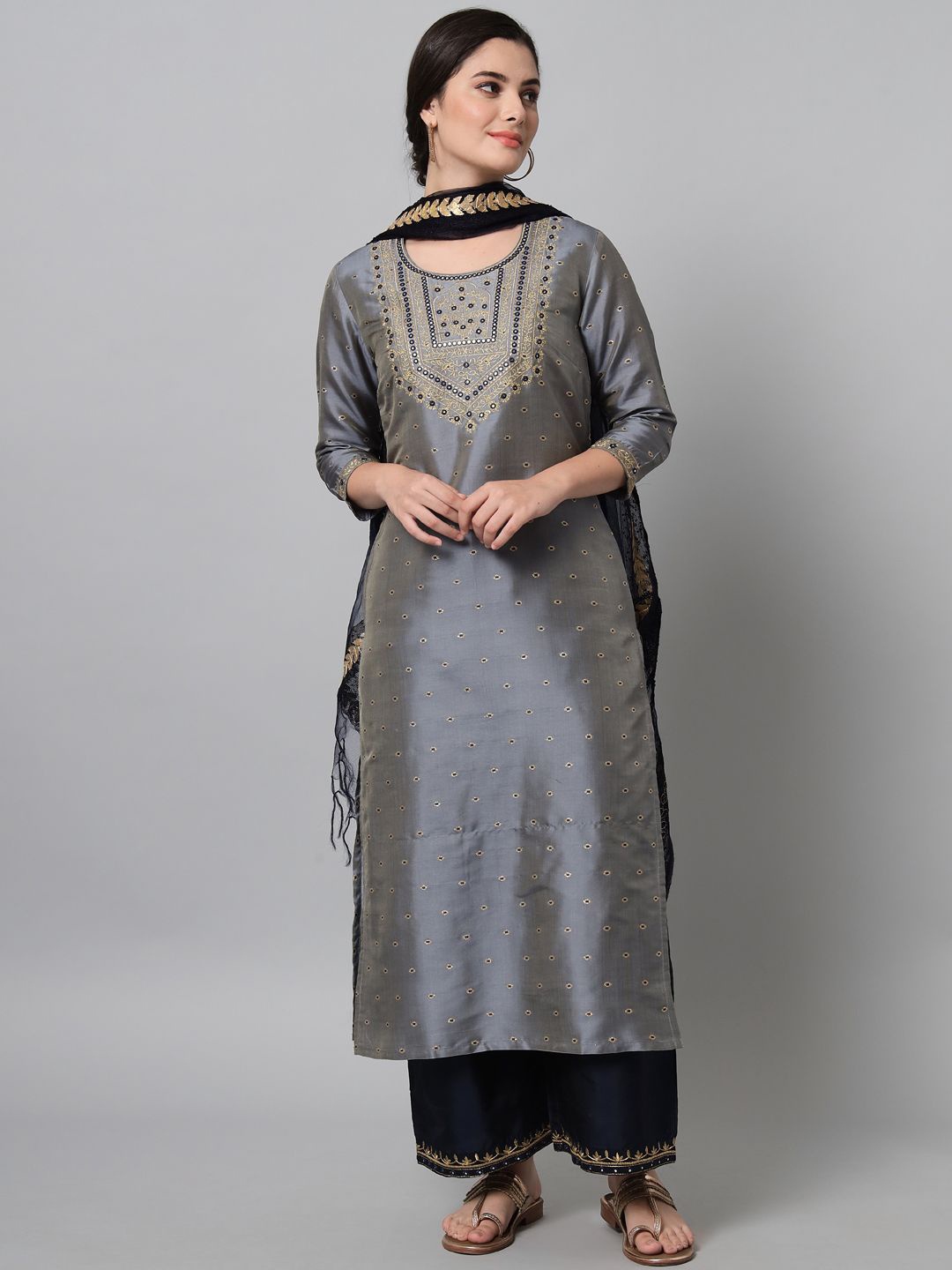 

Tulsattva Women Floral Embroidered Regular Thread Work Kurta with Palazzos & With Dupatta, Grey