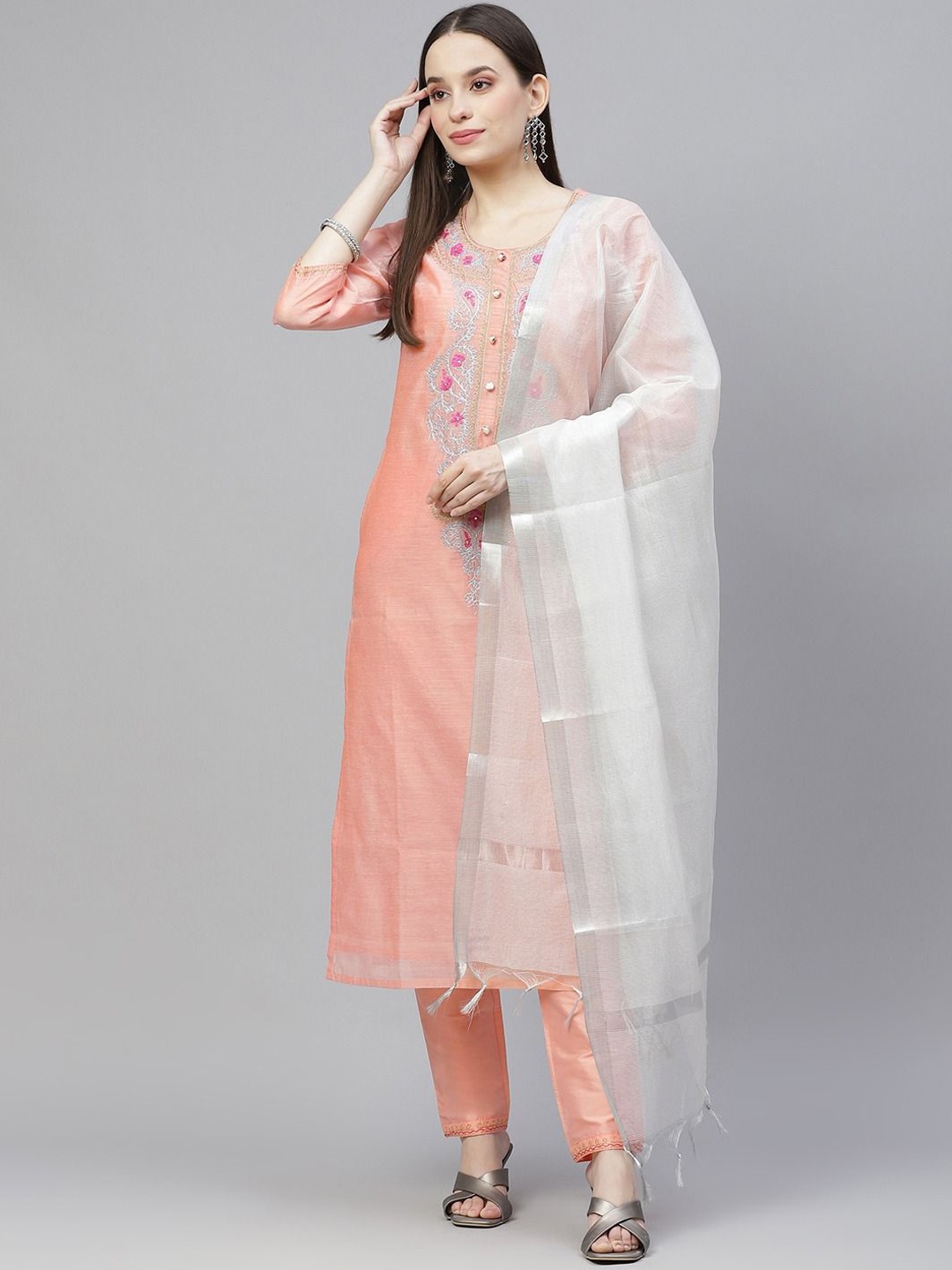 

Tulsattva Women Floral Embroidered Regular Thread Work Kurta with Trousers & With Dupatta, Peach