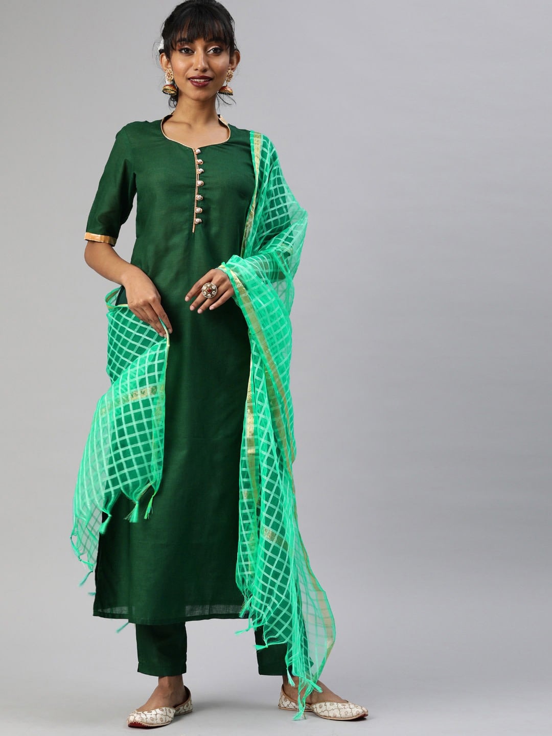 

Tulsattva Women Regular Sweetheart Neck Kurta with Trousers & With Dupatta, Green