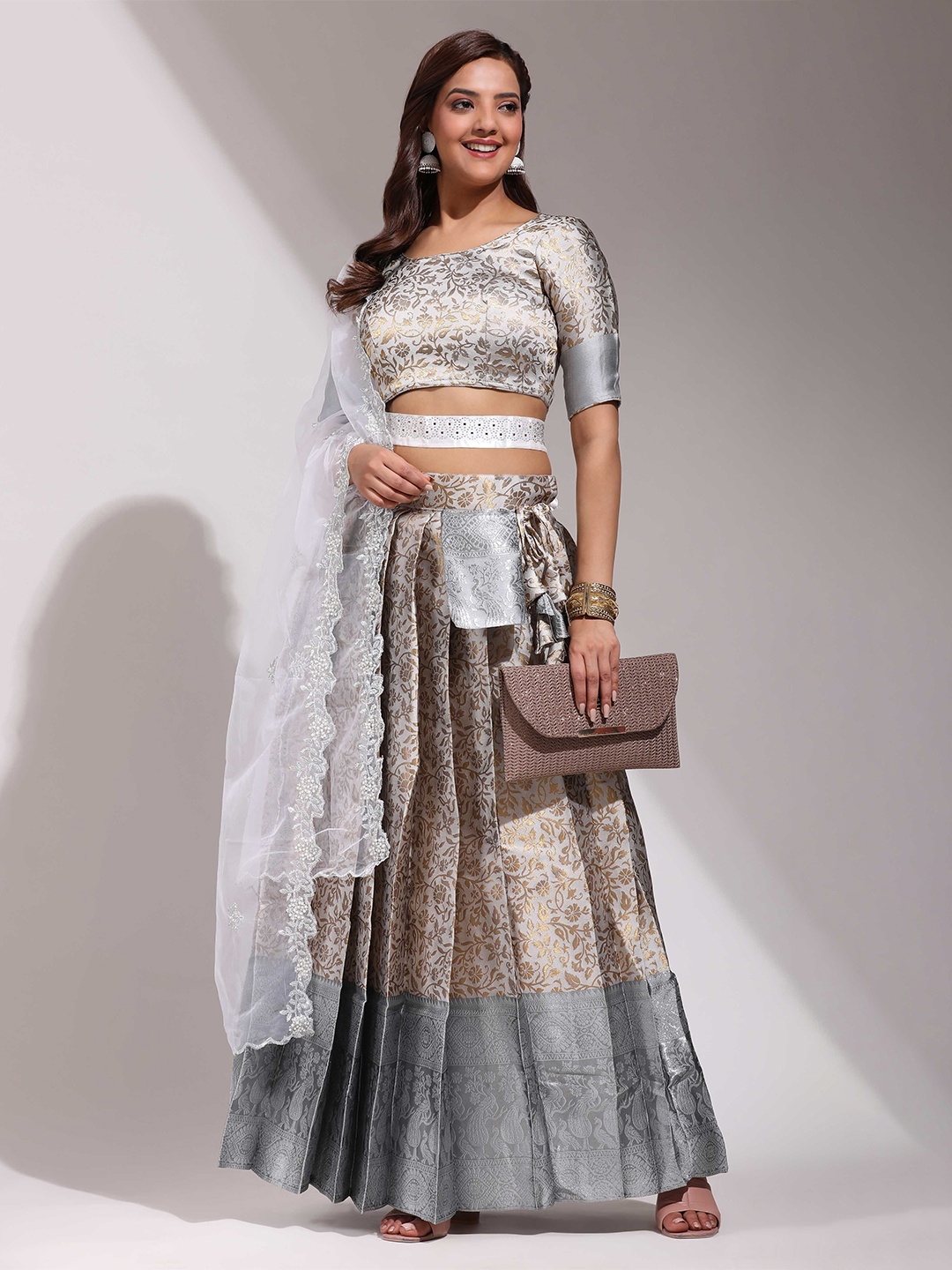 

Fabcartz Women Semi-Stitched Emabellished Lehenga & Unstitched Blouse With Dupatta, Gold