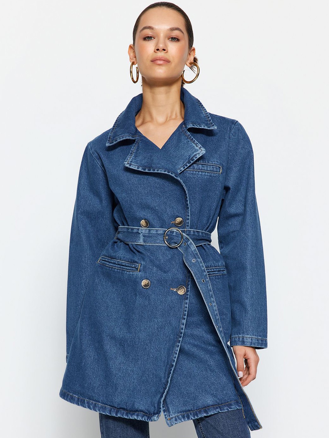 

Trendyol Pure Cotton Long Sleeve Single-Breasted Overcoat With Waist Belt, Blue