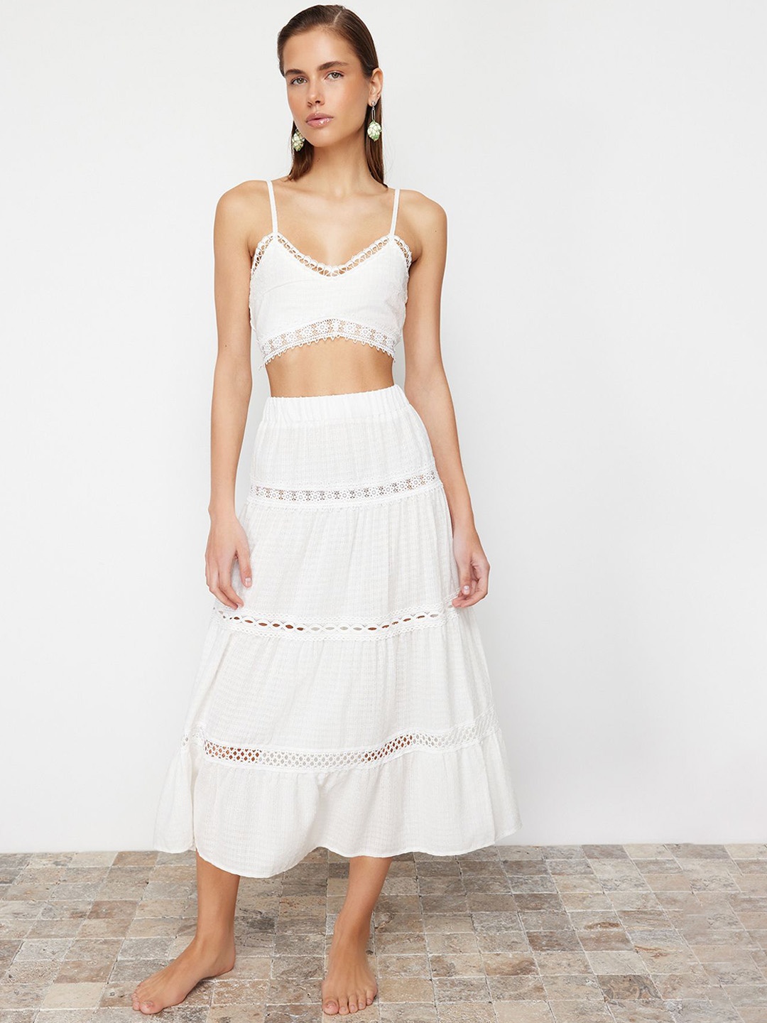 

Trendyol Pure Cotton Shoulder Straps Top With Skirt Co-Ords, White
