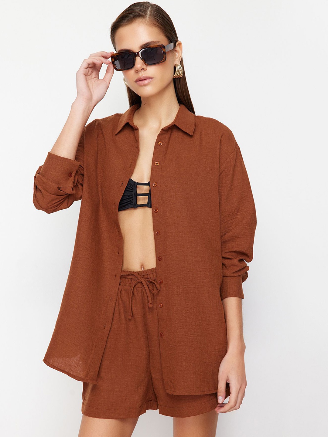 

Trendyol Long Sleeves Shirt With Shorts, Brown