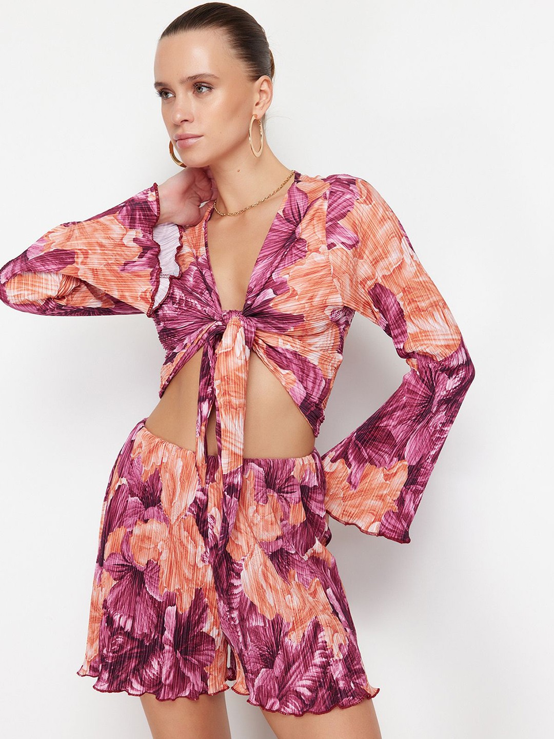 

Trendyol Printed Top With Shorts Co-Ords, Purple