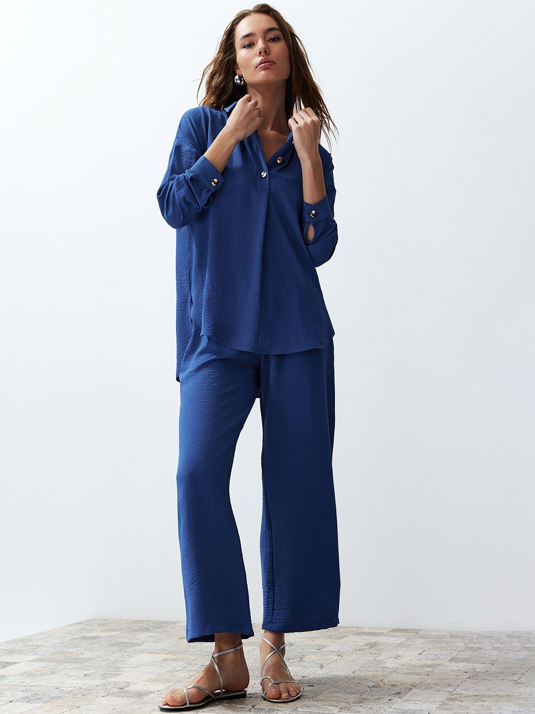 

Trendyol Shirt Collar Top With Trousers, Blue