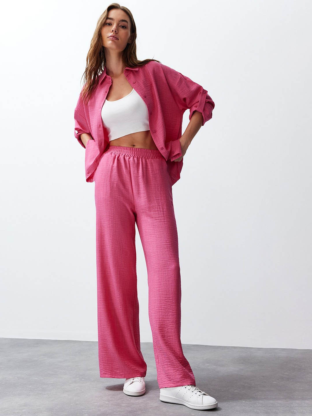 

Trendyol Long Sleeve Shirt & Trouser Co-Ords, Pink