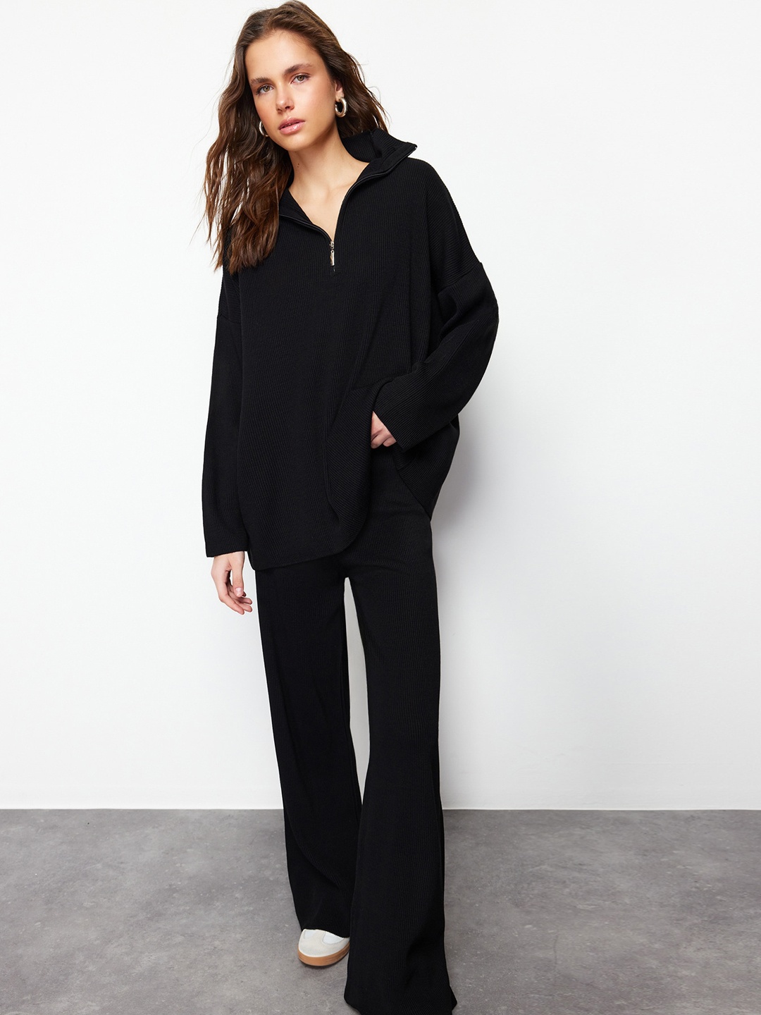 

Trendyol Striped Mock Neck Acrylic Sweater With Trouser, Black