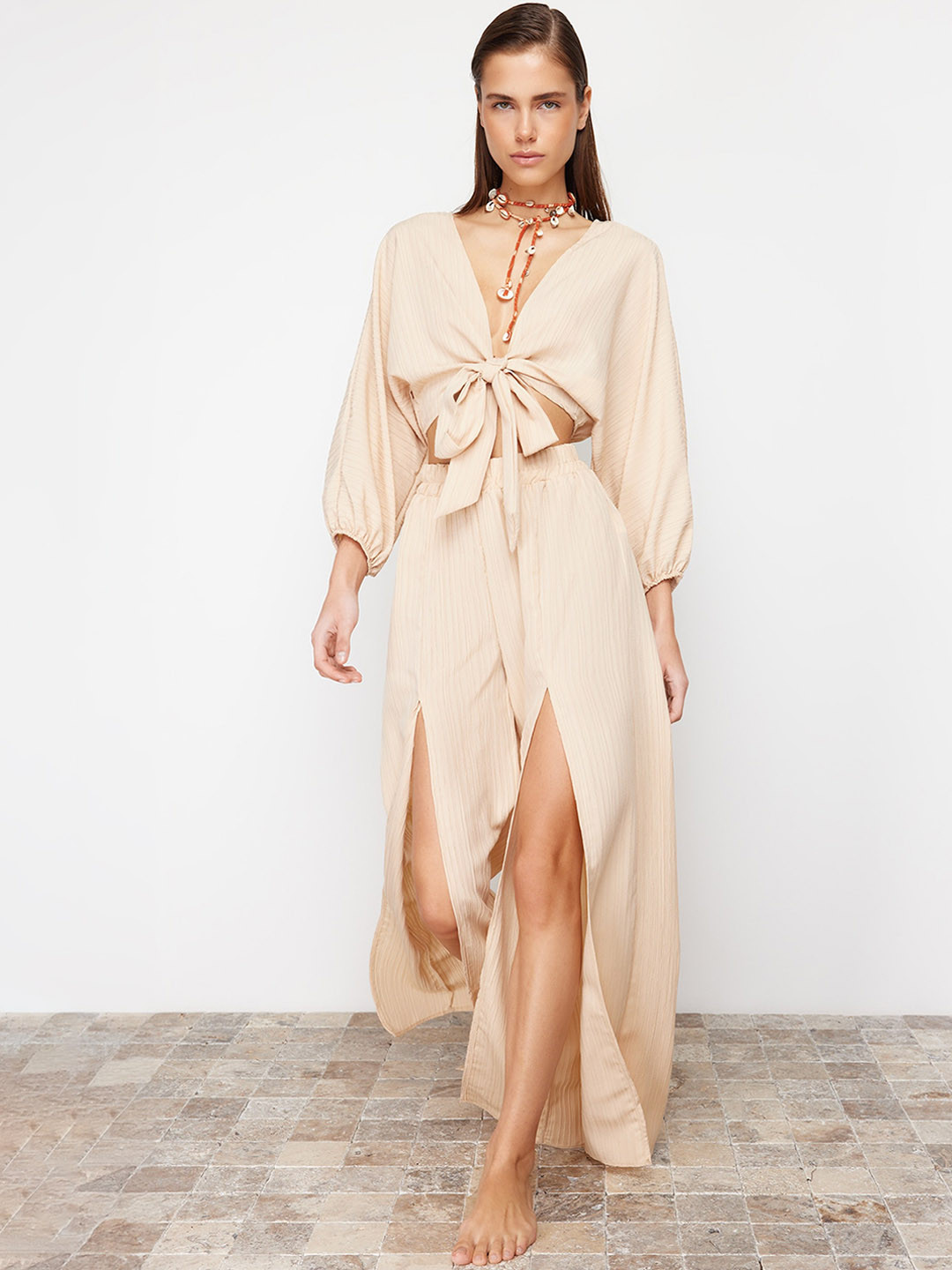 

Trendyol Self Design V-Neck Top With Front Slit Trousers, Beige